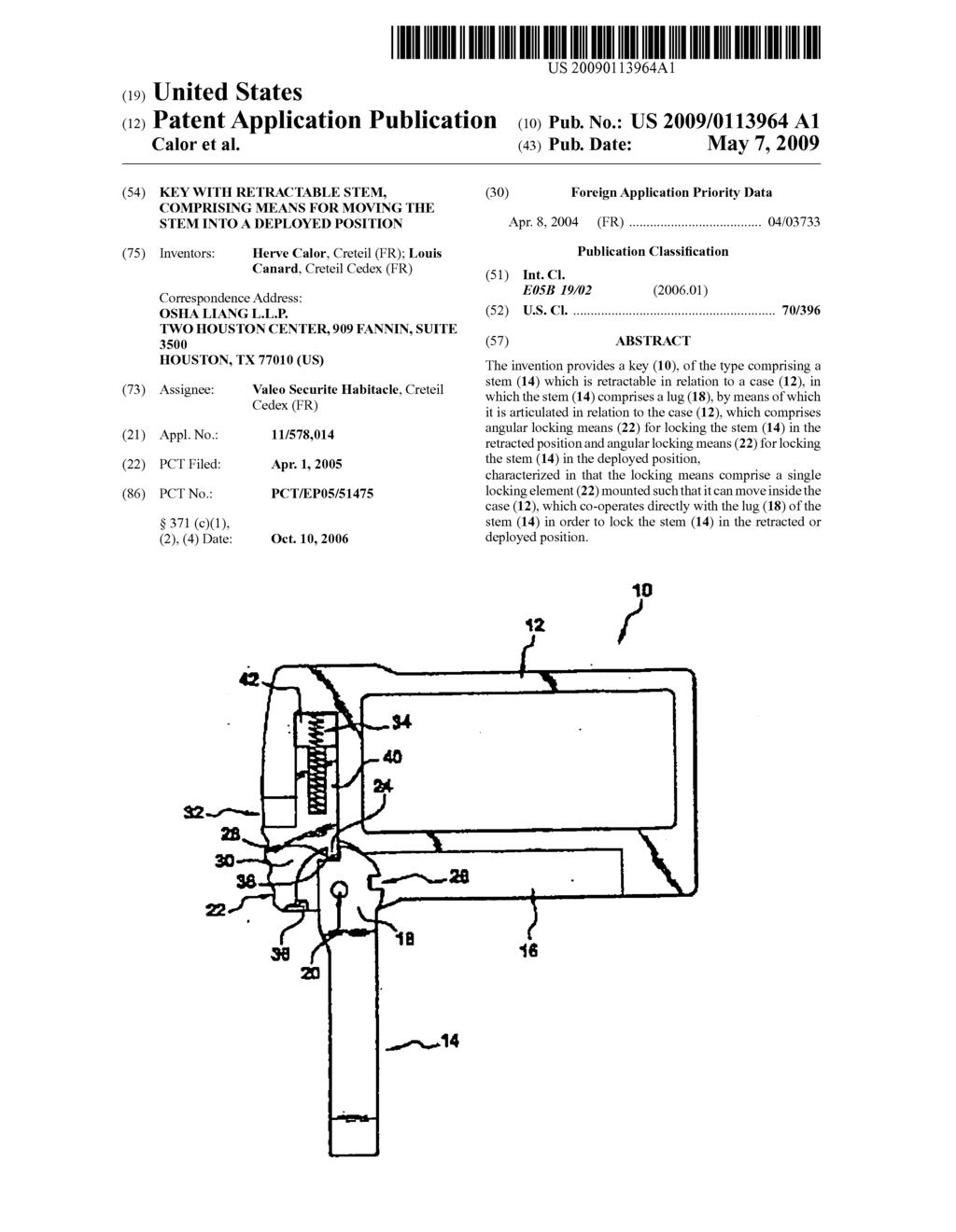 Key with retractable stem, comprising means for moving the stem into a deployed position - diagram, schematic, and image 01