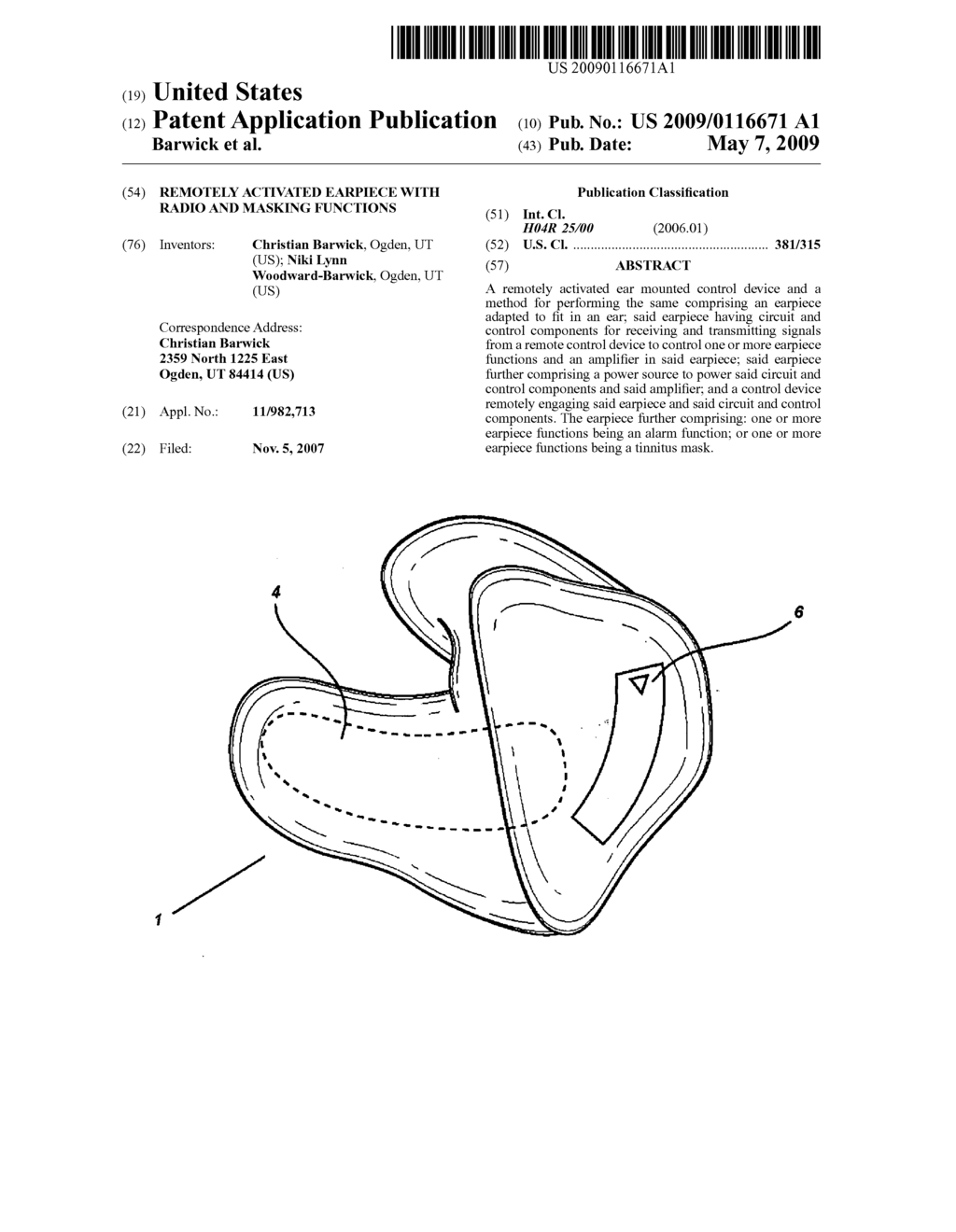 Remotely activated earpiece with radio and masking functions - diagram, schematic, and image 01