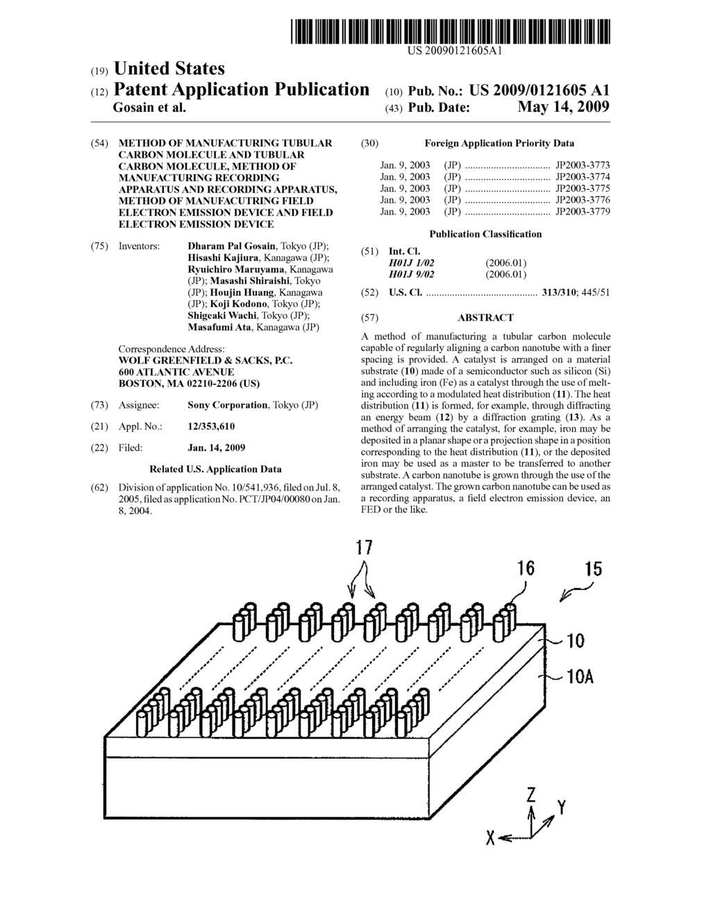 METHOD OF MANUFACTURING TUBULAR CARBON MOLECULE AND TUBULAR CARBON MOLECULE, METHOD OF MANUFACTURING RECORDING APPARATUS AND RECORDING APPARATUS, METHOD OF MANUFACUTRING FIELD ELECTRON EMISSION DEVICE AND FIELD ELECTRON EMISSION DEVICE - diagram, schematic, and image 01