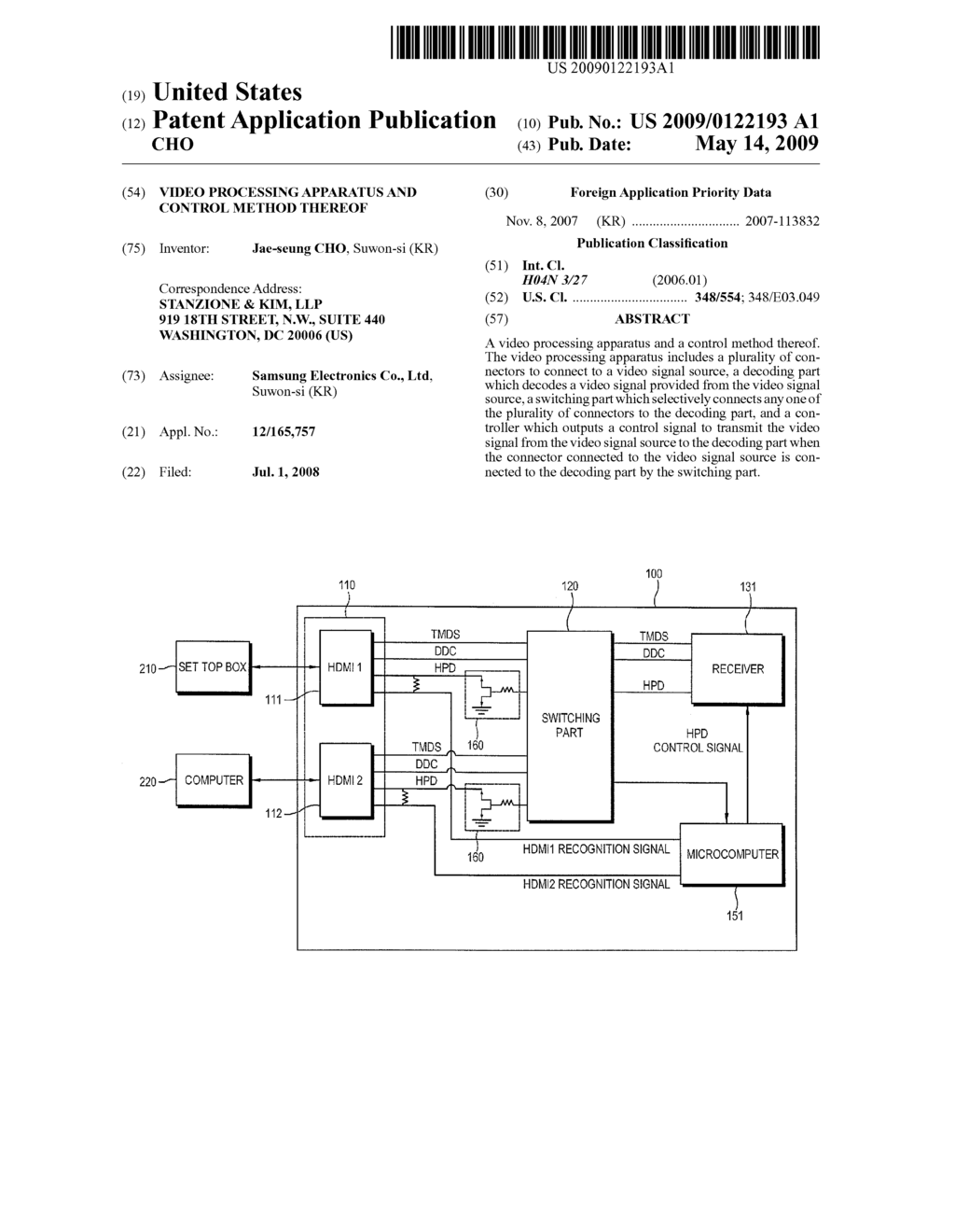 VIDEO PROCESSING APPARATUS AND CONTROL METHOD THEREOF - diagram, schematic, and image 01