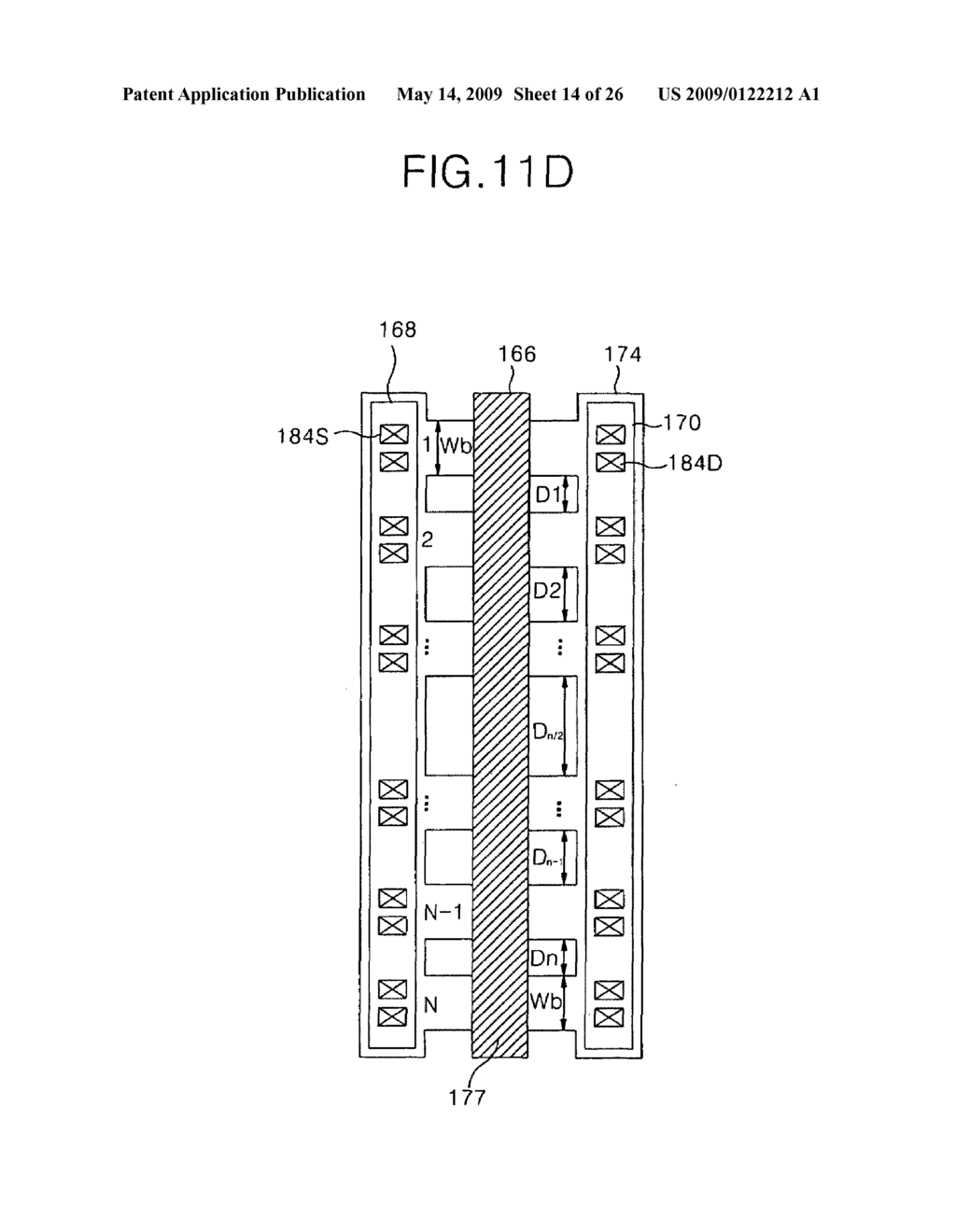 LCD driving device having plural TFT channels connected in parallel with either increasing channel widths or decreasing channel distances from central part to edges of the device - diagram, schematic, and image 15