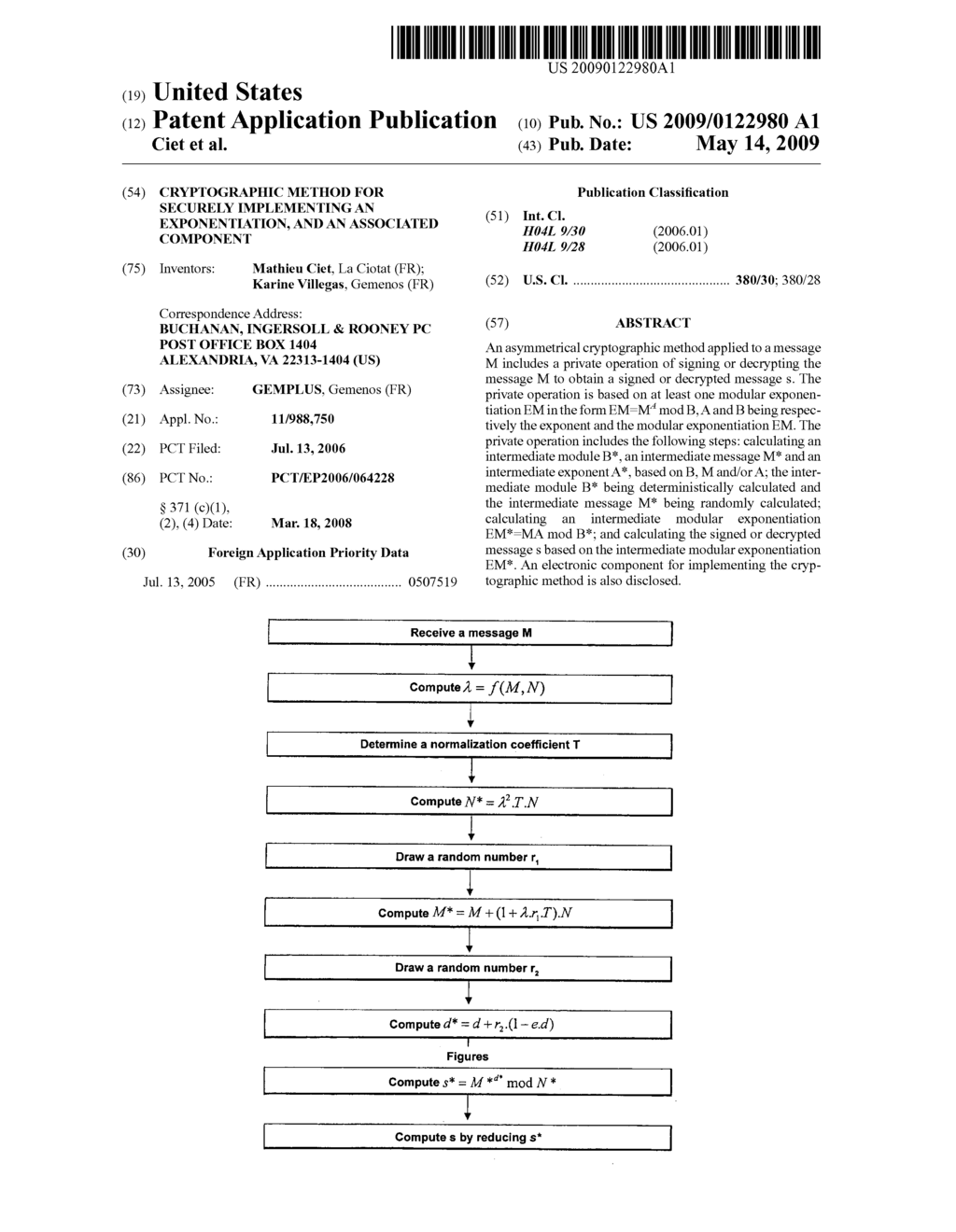 Cryptographic Method for Securely Implementing an Exponentiation, and an Associated Component - diagram, schematic, and image 01