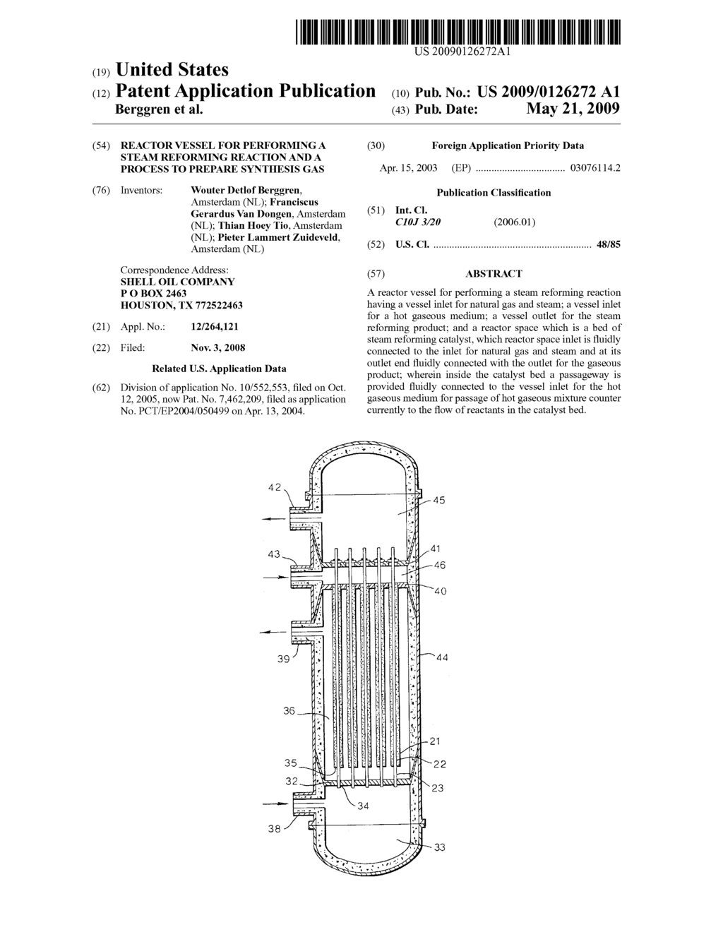 REACTOR VESSEL FOR PERFORMING A STEAM REFORMING REACTION AND A PROCESS TO PREPARE SYNTHESIS GAS - diagram, schematic, and image 01