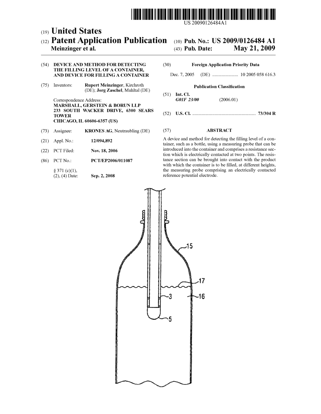 DEVICE AND METHOD FOR DETECTING THE FILLING LEVEL OF A CONTAINER, AND DEVICE FOR FILLING A CONTAINER - diagram, schematic, and image 01