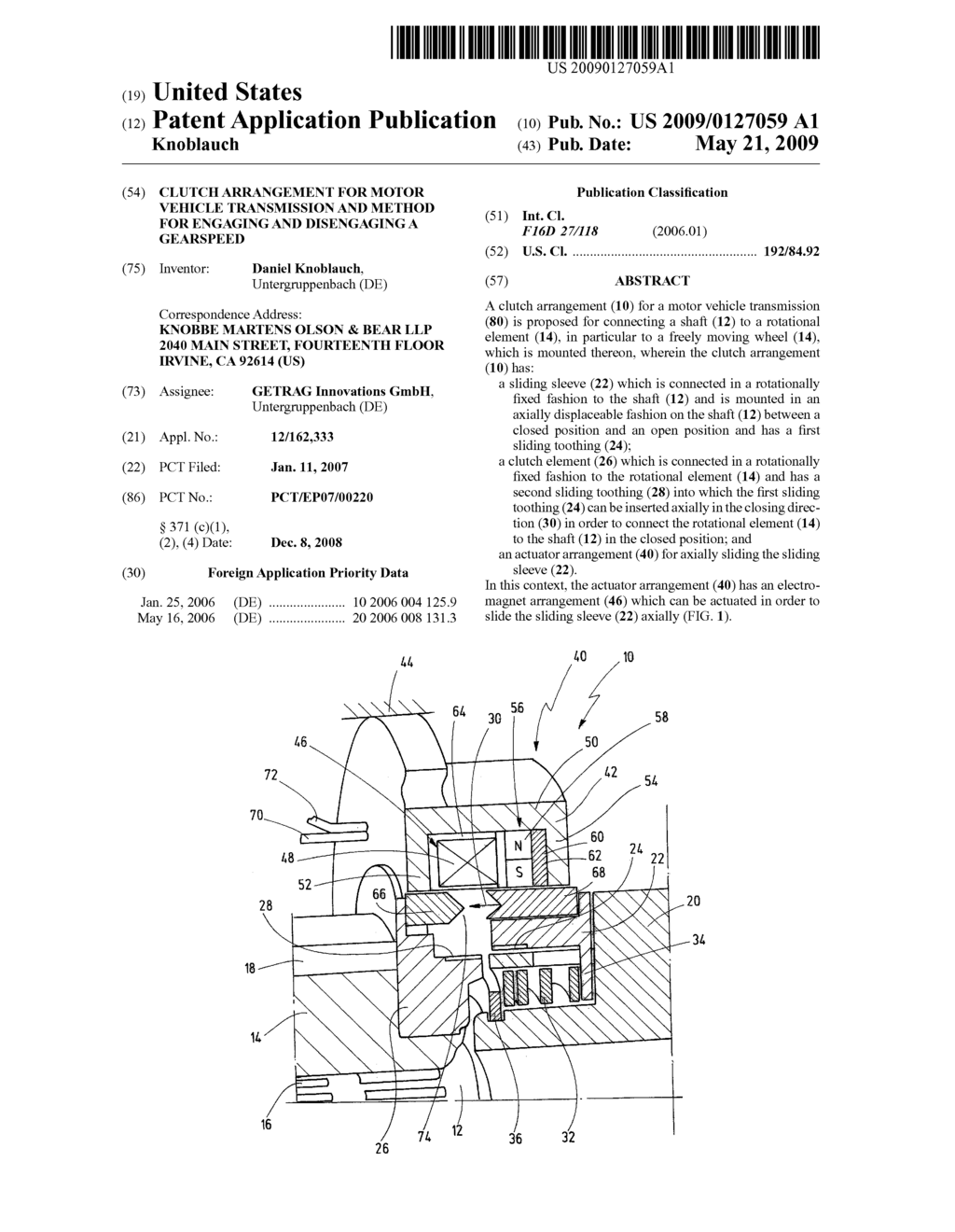 CLUTCH ARRANGEMENT FOR MOTOR VEHICLE TRANSMISSION AND METHOD FOR ENGAGING AND DISENGAGING A GEARSPEED - diagram, schematic, and image 01