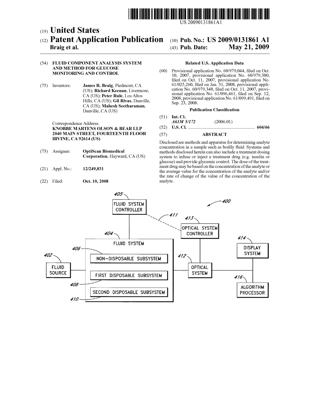 FLUID COMPONENT ANALYSIS SYSTEM AND METHOD FOR GLUCOSE MONITORING AND CONTROL - diagram, schematic, and image 01