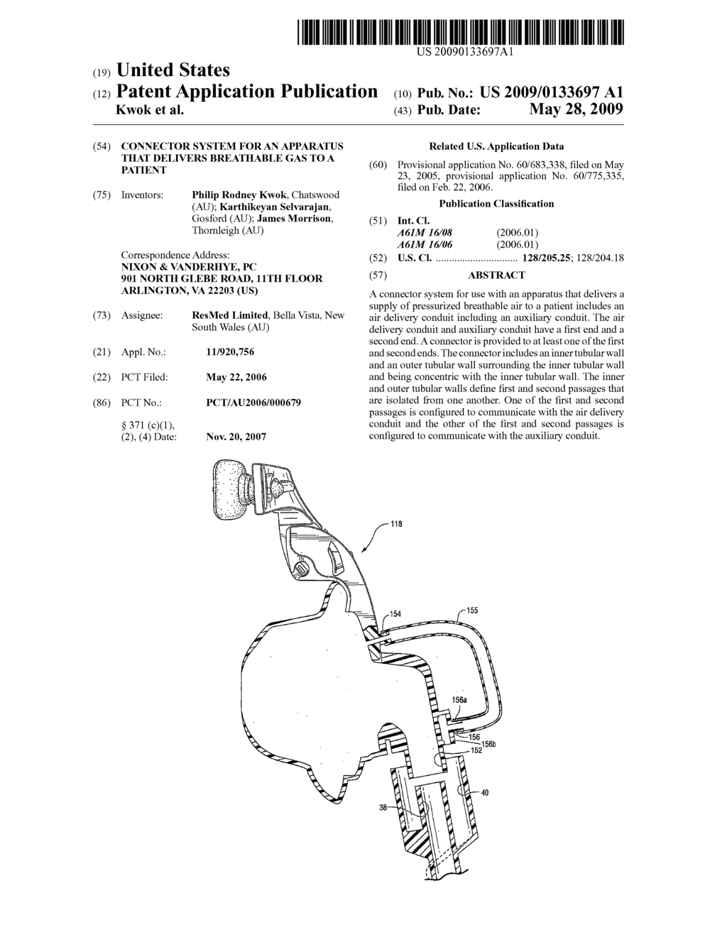 Connector system for an apparatus that delivers breathable gas to a patient - diagram, schematic, and image 01