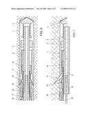 Method and device for drilling, particularly percussion or rotary percussion drilling, a hole in soil or rock material diagram and image