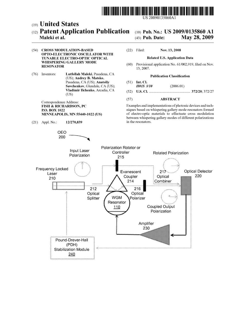 Cross Modulation-Based Opto-Electronic Oscillator with Tunable Electro-Optic Optical Whispering Gallery Mode Resonator - diagram, schematic, and image 01