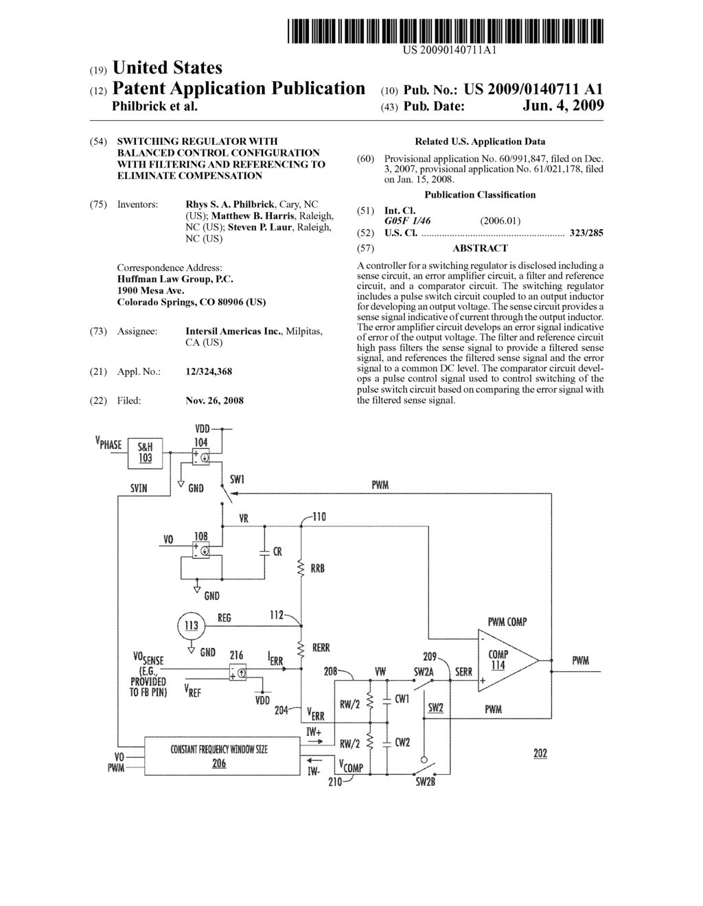 SWITCHING REGULATOR WITH BALANCED CONTROL CONFIGURATION WITH FILTERING AND REFERENCING TO ELIMINATE COMPENSATION - diagram, schematic, and image 01