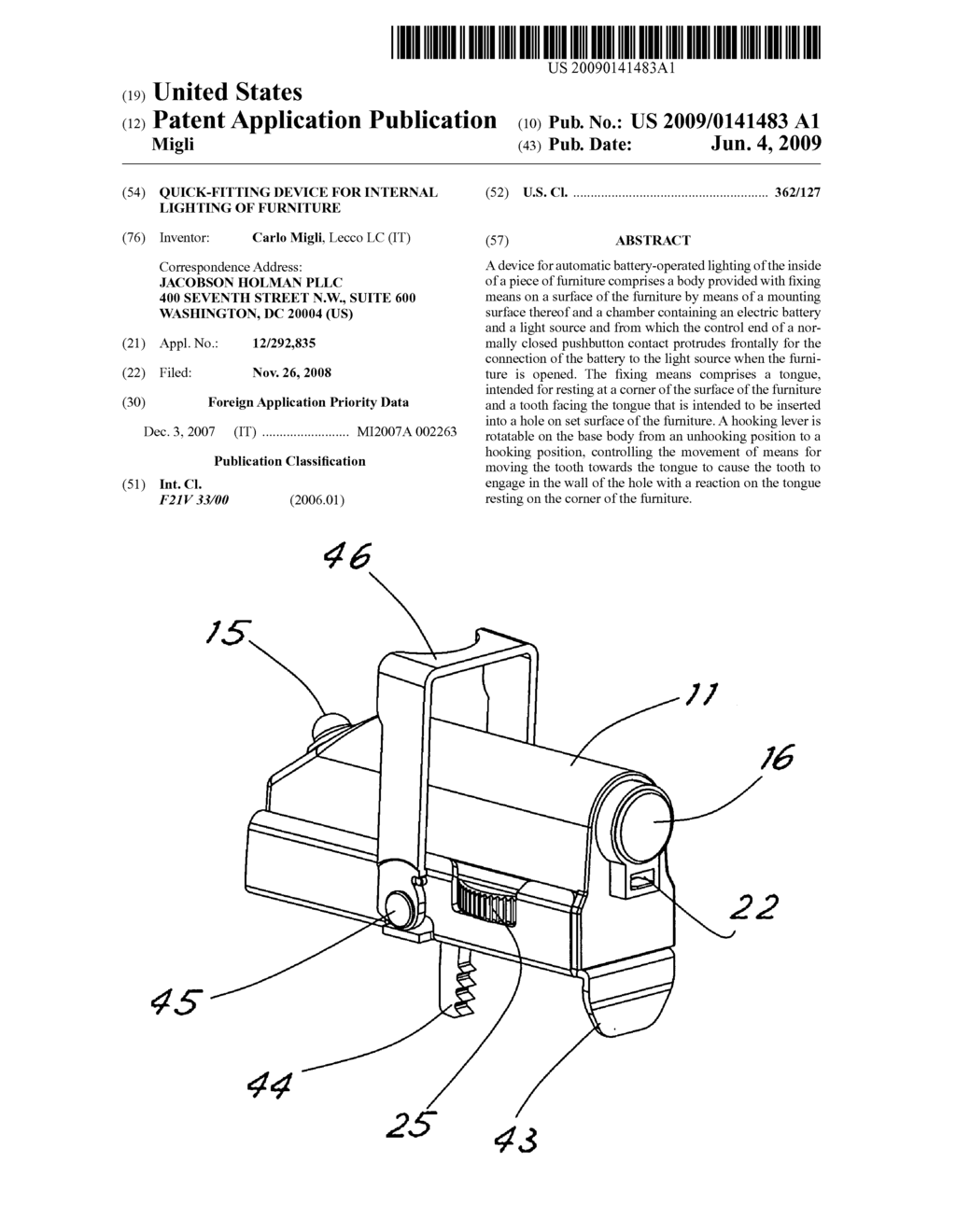 Quick-fitting device for internal lighting of furniture - diagram, schematic, and image 01