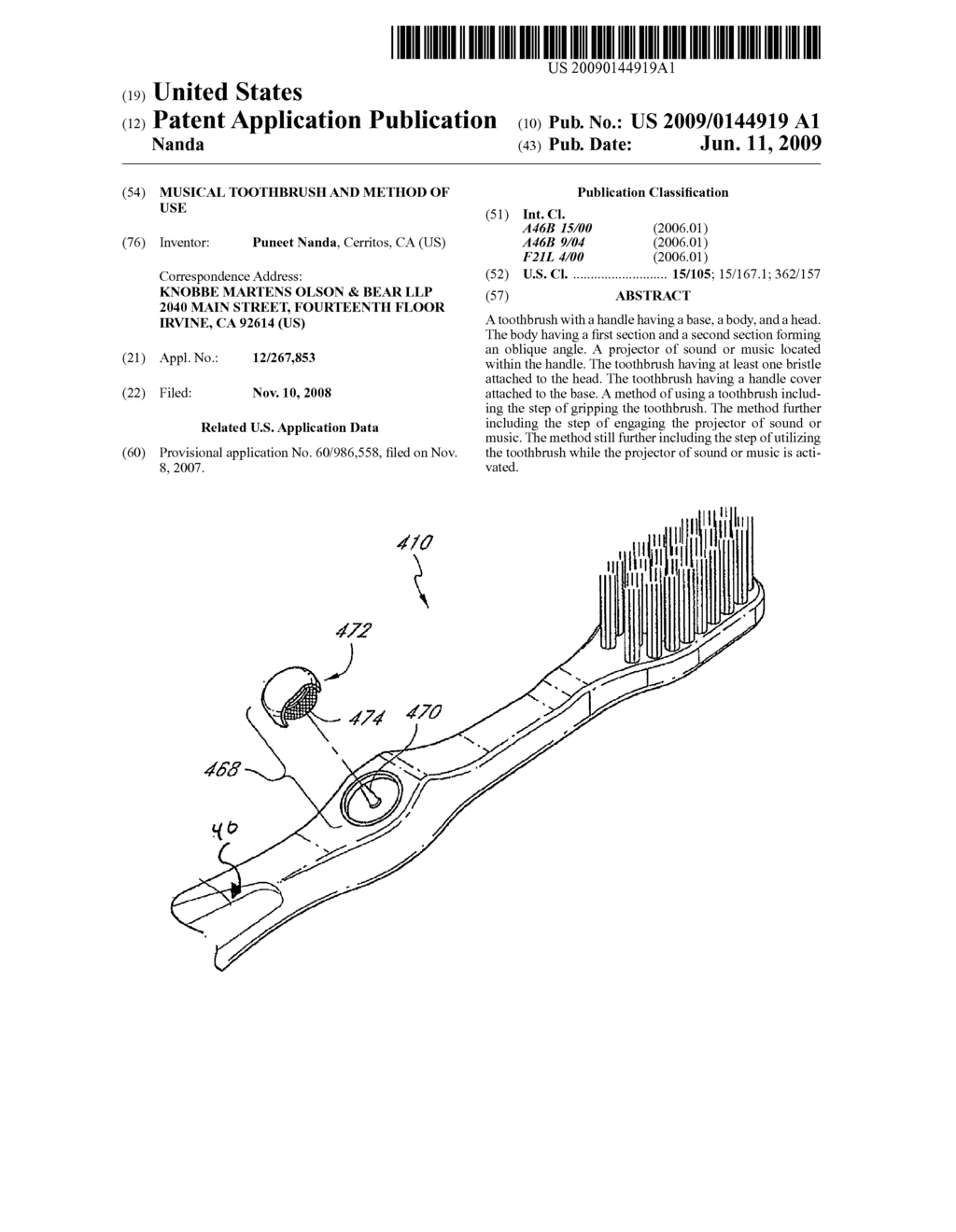 MUSICAL TOOTHBRUSH AND METHOD OF USE - diagram, schematic, and image 01