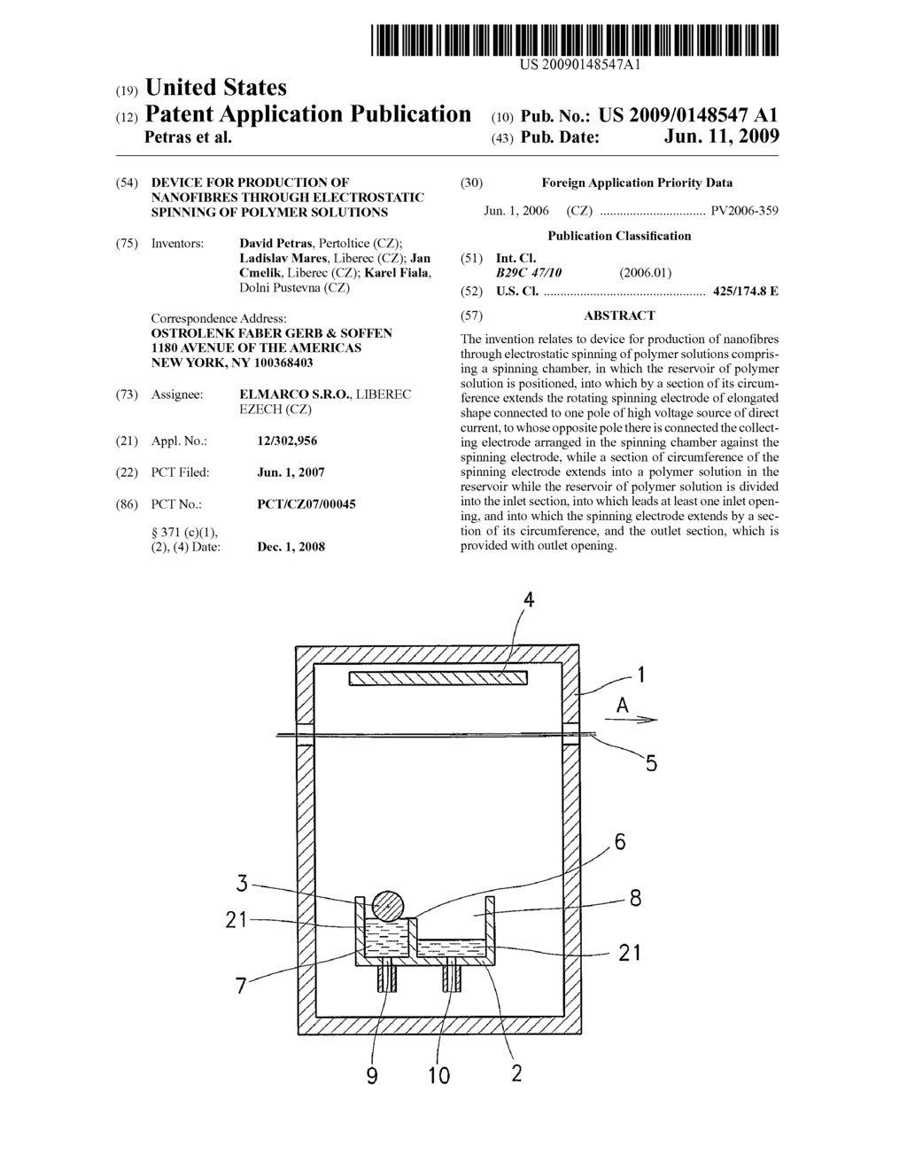 DEVICE FOR PRODUCTION OF NANOFIBRES THROUGH ELECTROSTATIC SPINNING OF POLYMER SOLUTIONS - diagram, schematic, and image 01