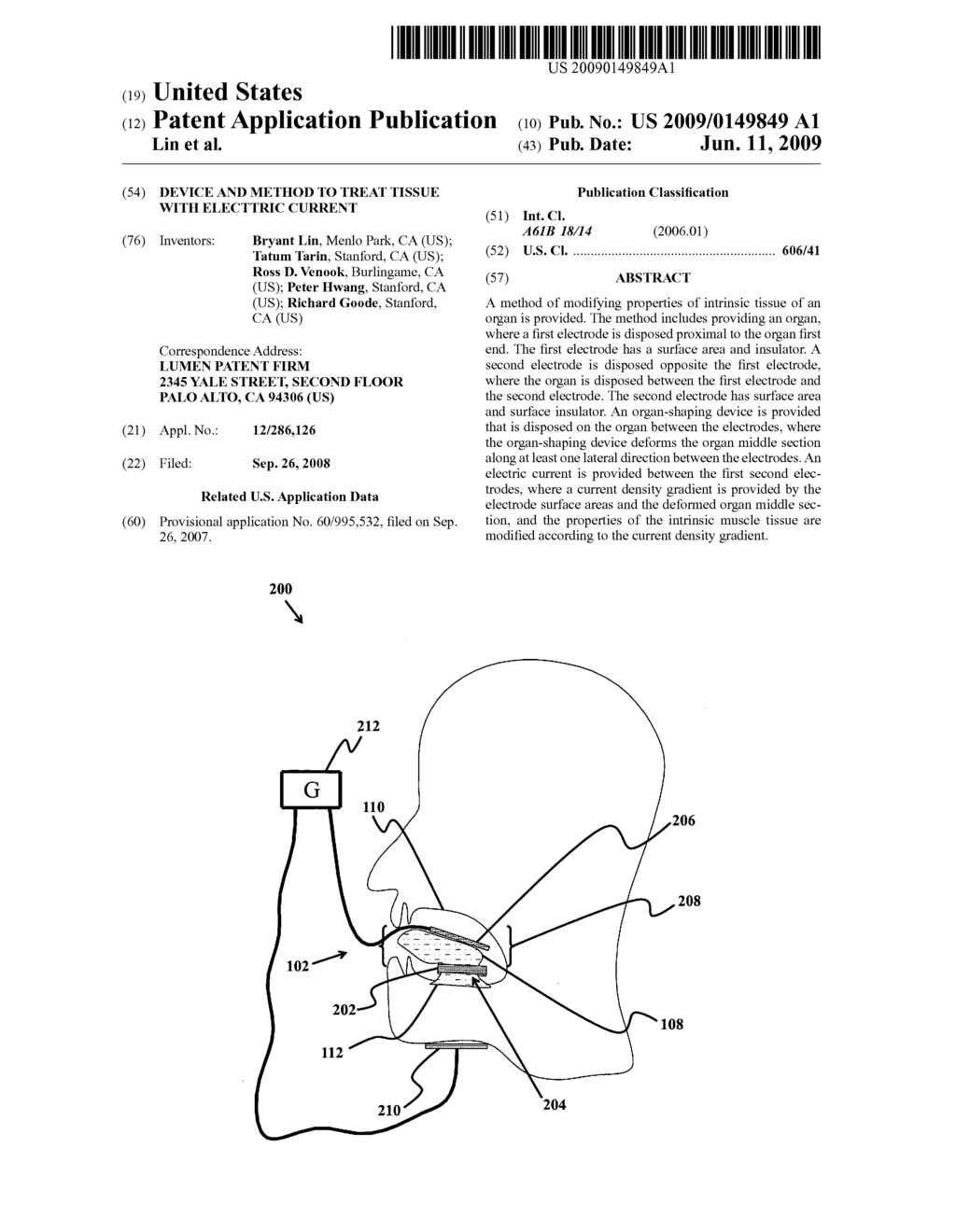 Device and method to treat tissue with electtric current - diagram, schematic, and image 01