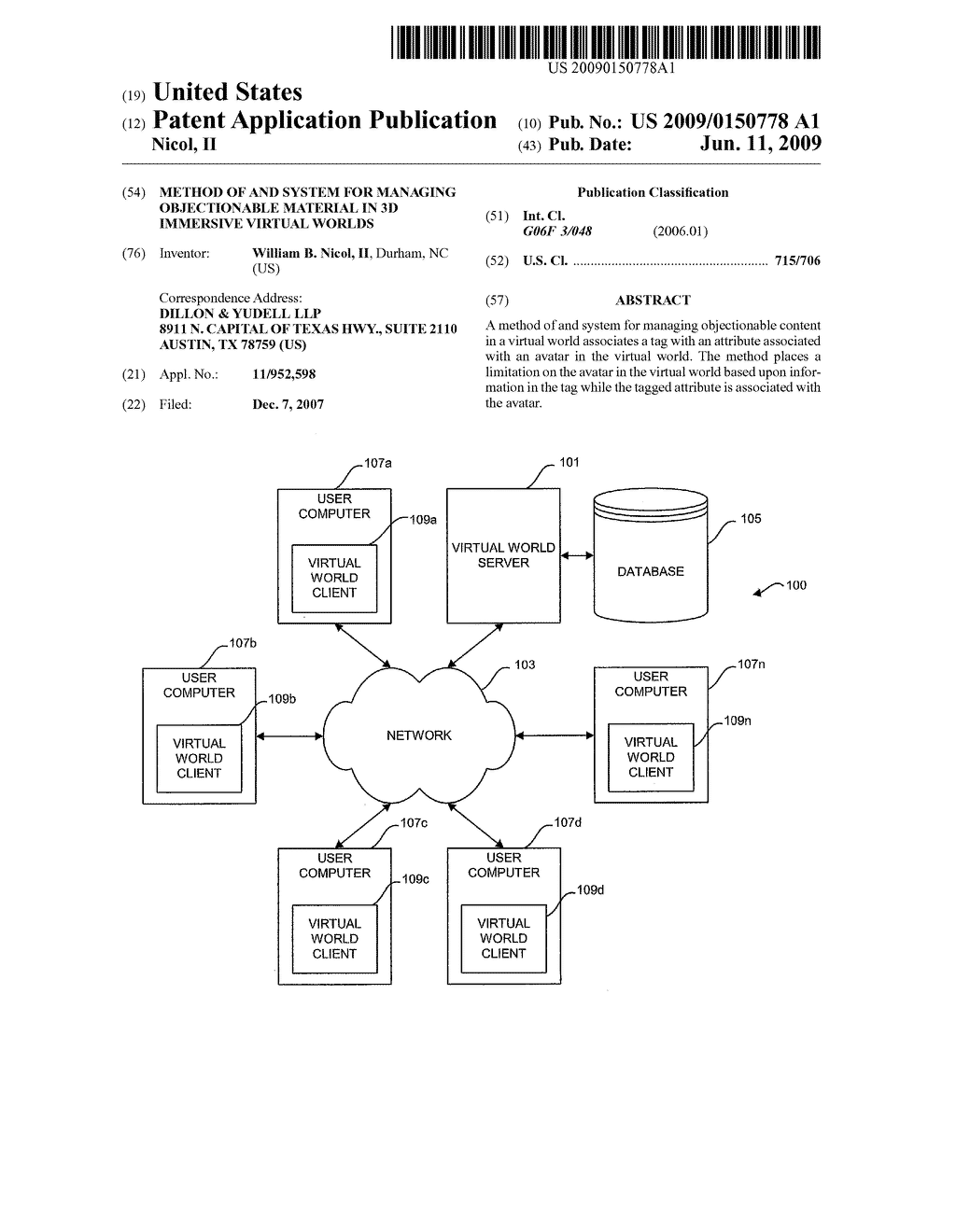 Method of and System for Managing Objectionable Material in 3D Immersive Virtual Worlds - diagram, schematic, and image 01