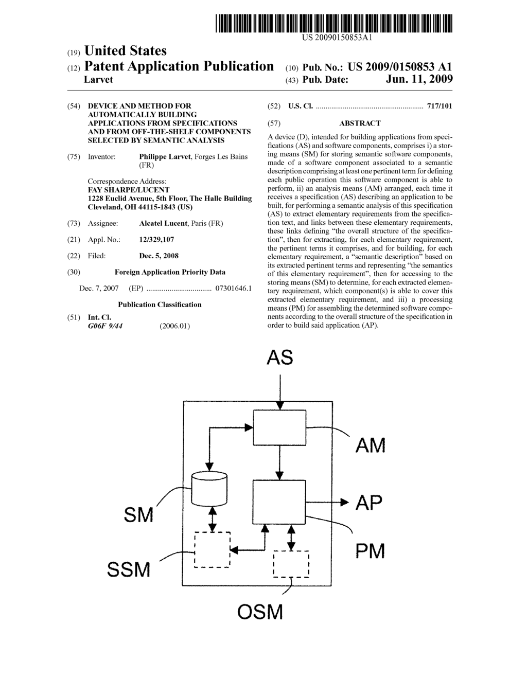 DEVICE AND METHOD FOR AUTOMATICALLY BUILDING APPLICATIONS FROM SPECIFICATIONS AND FROM OFF-THE-SHELF COMPONENTS SELECTED BY SEMANTIC ANALYSIS - diagram, schematic, and image 01