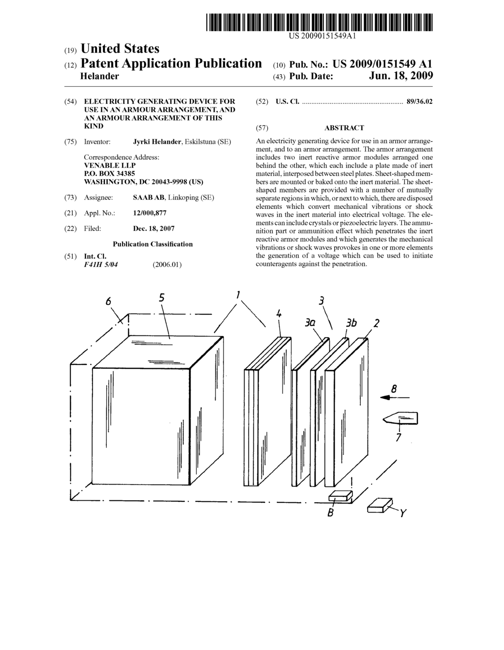 Electricity generating device for use in an armour arrangement, and an armour arrangement of this kind - diagram, schematic, and image 01