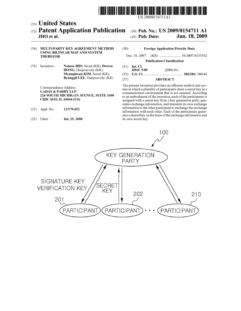 MULTI-PARTY KEY AGREEMENT METHOD USING BILINEAR MAP AND SYSTEM THEREFOR - diagram, schematic, and image 01