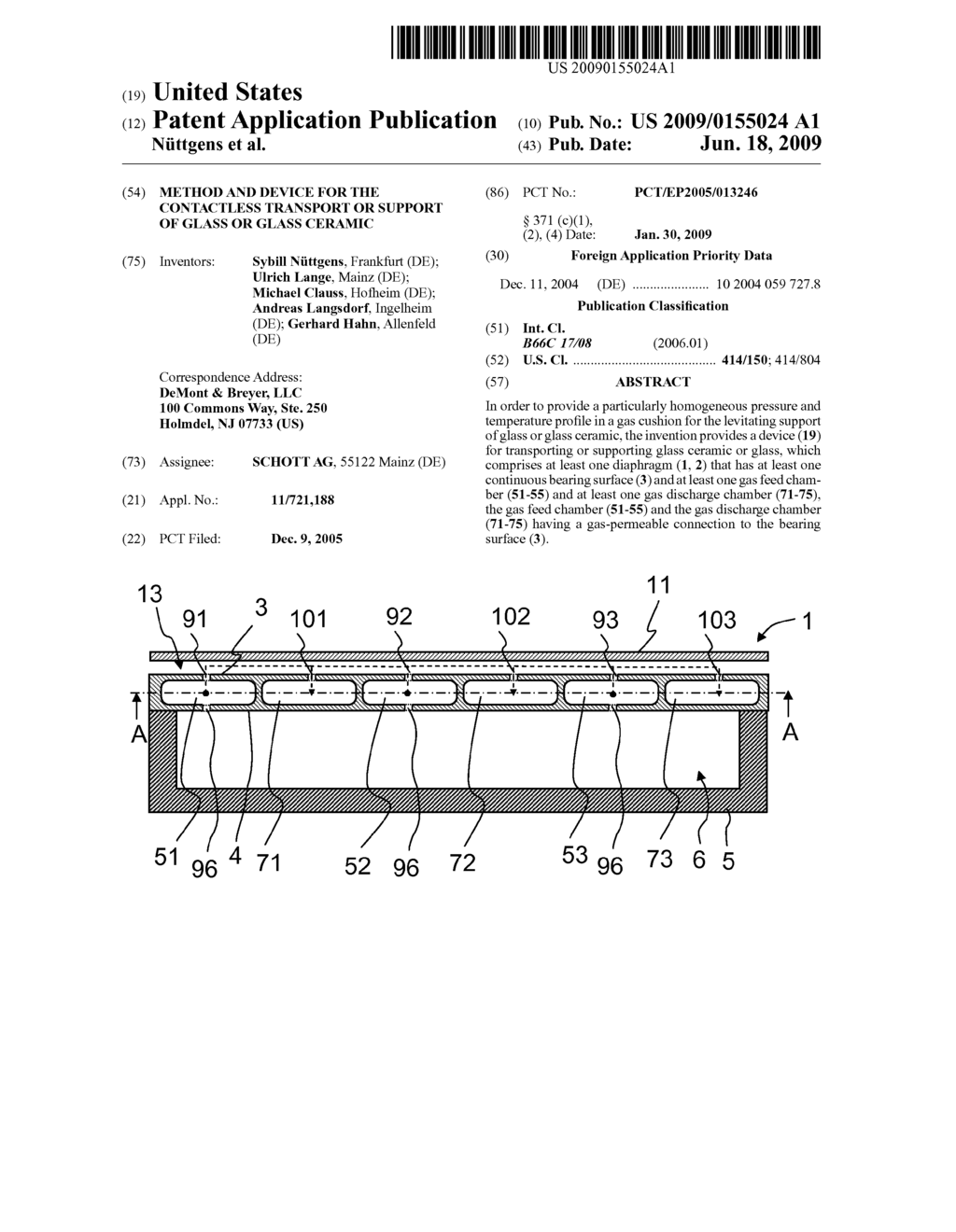 Method and device for the contactless transport or support of glass or glass ceramic - diagram, schematic, and image 01