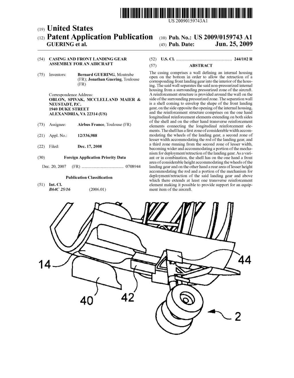 CASING AND FRONT LANDING GEAR ASSEMBLY FOR AN AIRCRAFT - diagram, schematic, and image 01