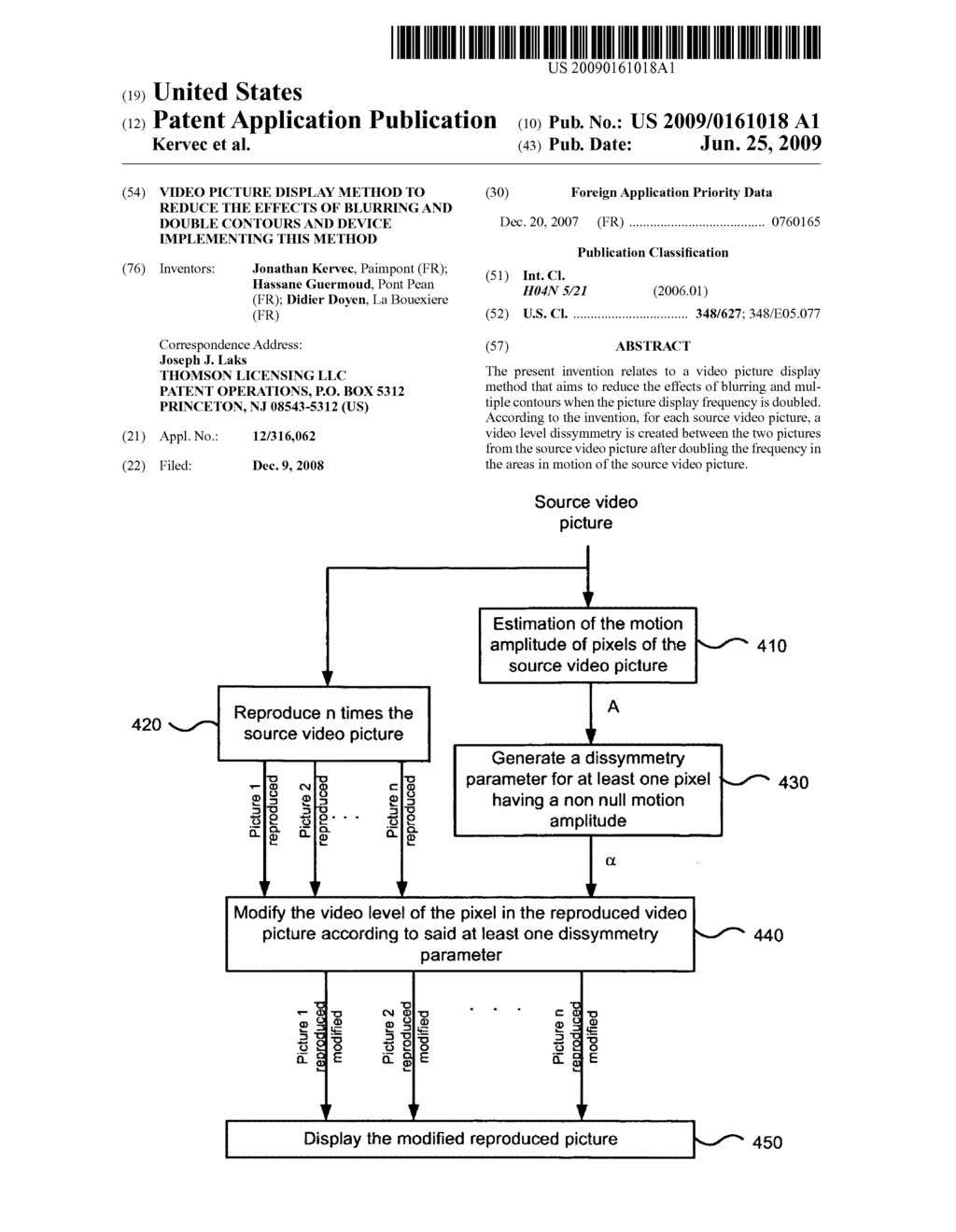 Video picture display method to reduce the effects of blurring and double contours and device implementing this method - diagram, schematic, and image 01