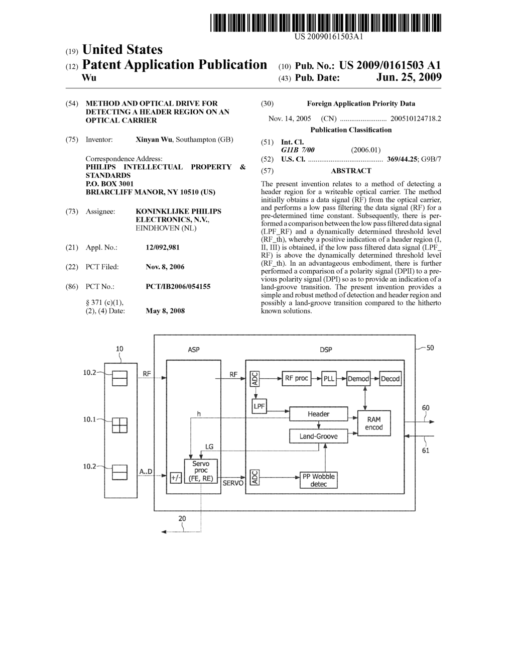 METHOD AND OPTICAL DRIVE FOR DETECTING A HEADER REGION ON AN OPTICAL CARRIER - diagram, schematic, and image 01