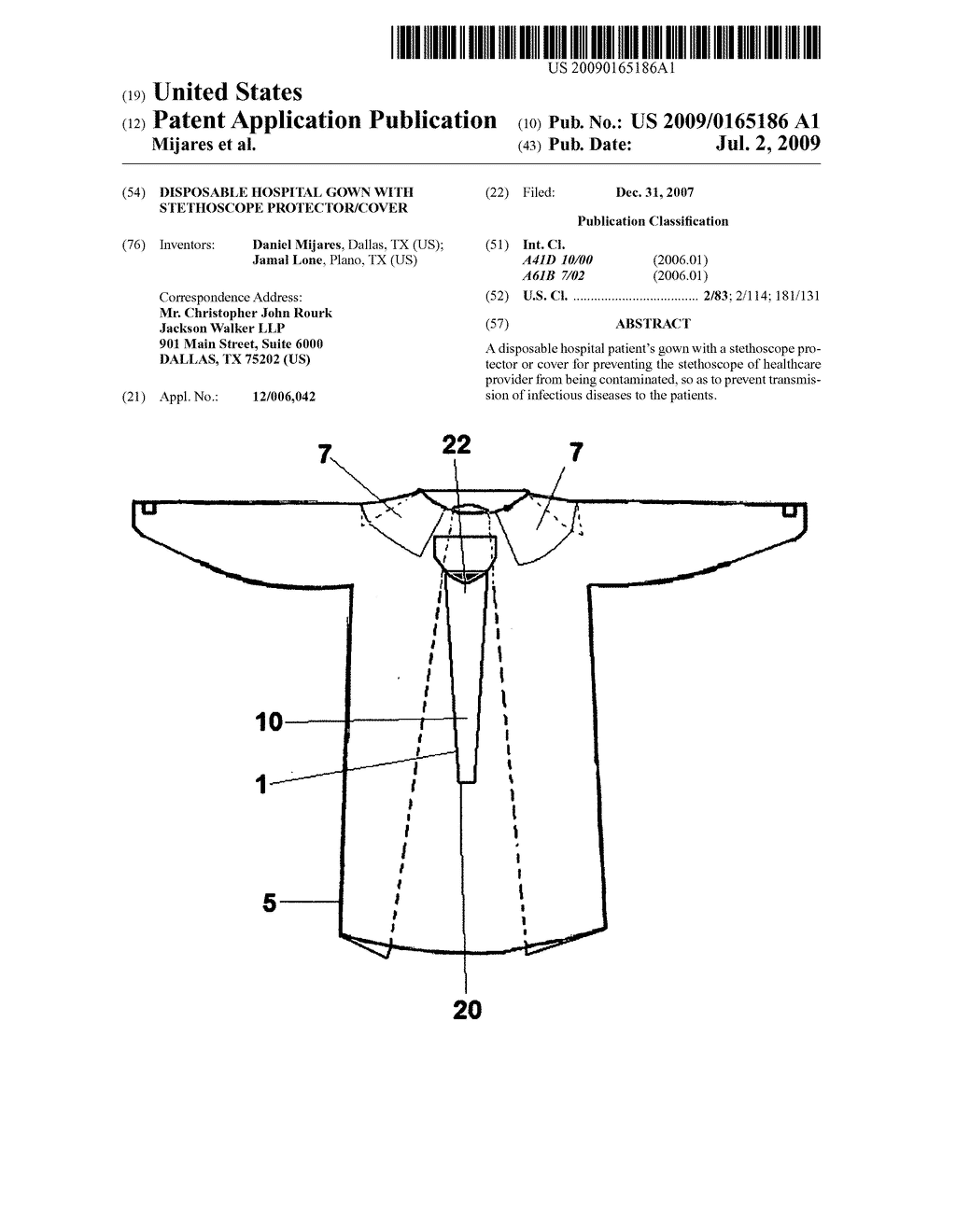 Disposable hospital gown with stethoscope protector/cover - diagram, schematic, and image 01