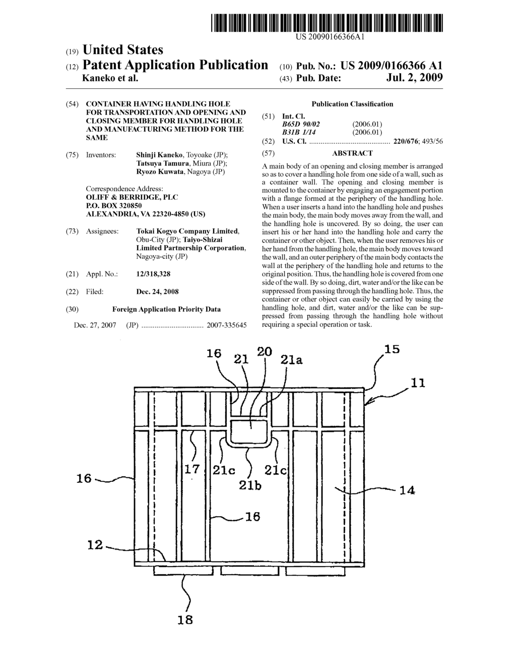 Container having handling hole for transportation and opening and closing member for handling hole and manufacturing method for the same - diagram, schematic, and image 01