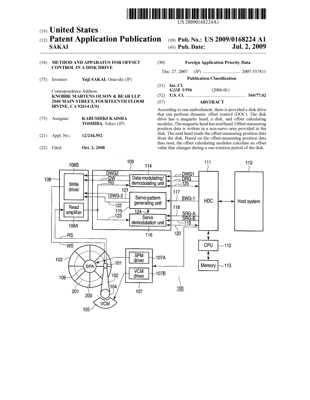 METHOD AND APPARATUS FOR OFFSET CONTROL IN A DISK DRIVE - diagram, schematic, and image 01