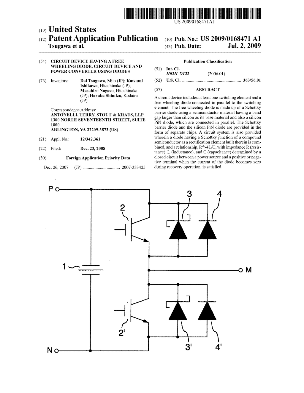 CIRCUIT DEVICE HAVING A FREE WHEELING DIODE, CIRCUIT DEVICE AND POWER CONVERTER USING DIODES - diagram, schematic, and image 01