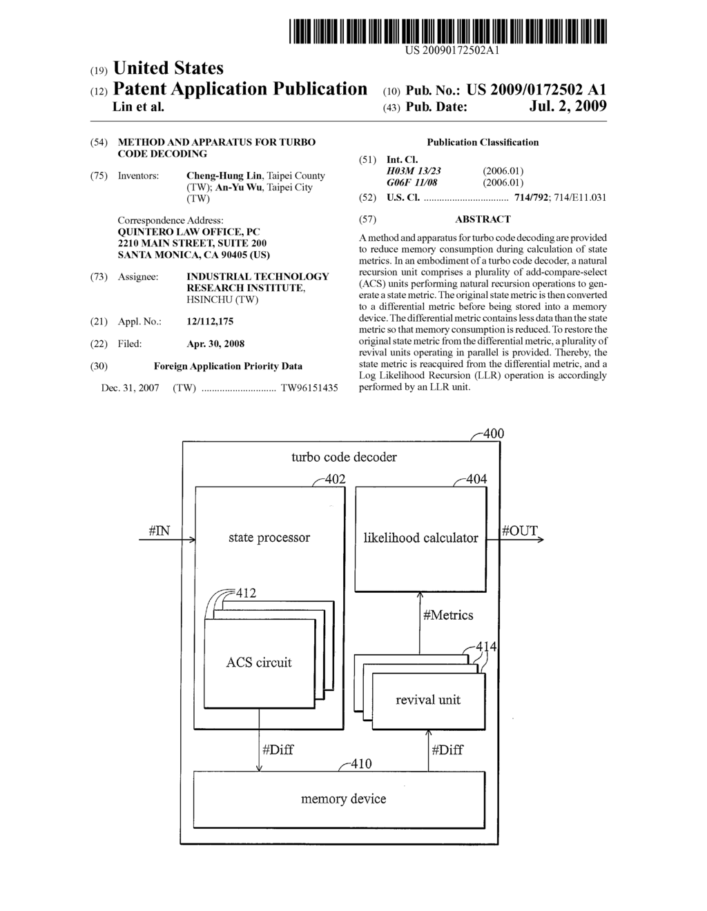 METHOD AND APPARATUS FOR TURBO CODE DECODING - diagram, schematic, and image 01