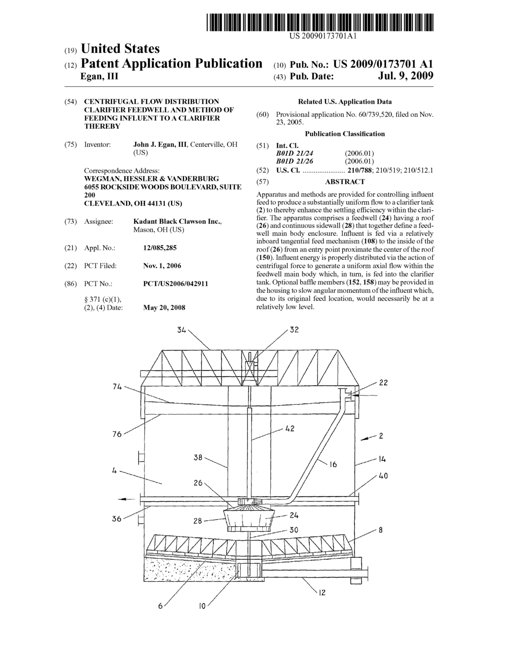 Centrifugal Flow Distribution Clarifier Feedwell and Method of Feeding Influent to a Clarifier Thereby - diagram, schematic, and image 01