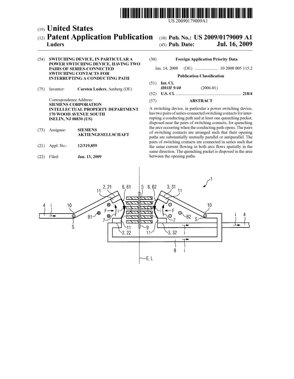 Switching device, in particular a power switching device, having two pairs of series-connected switching contacts for interrupting a conducting path - diagram, schematic, and image 01