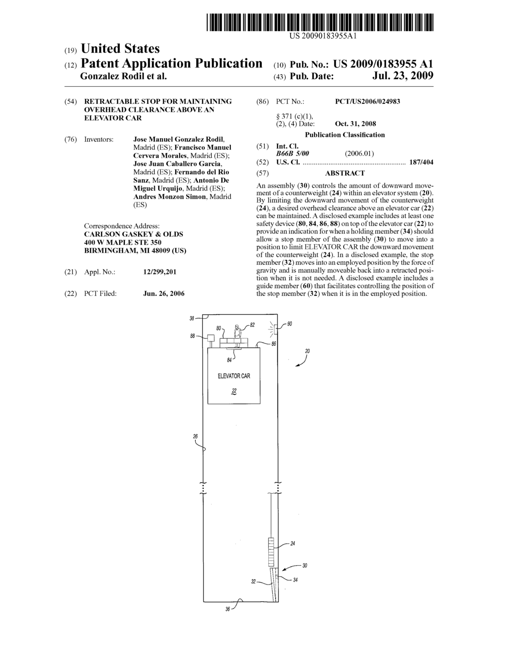 RETRACTABLE STOP FOR MAINTAINING OVERHEAD CLEARANCE ABOVE AN ELEVATOR CAR - diagram, schematic, and image 01