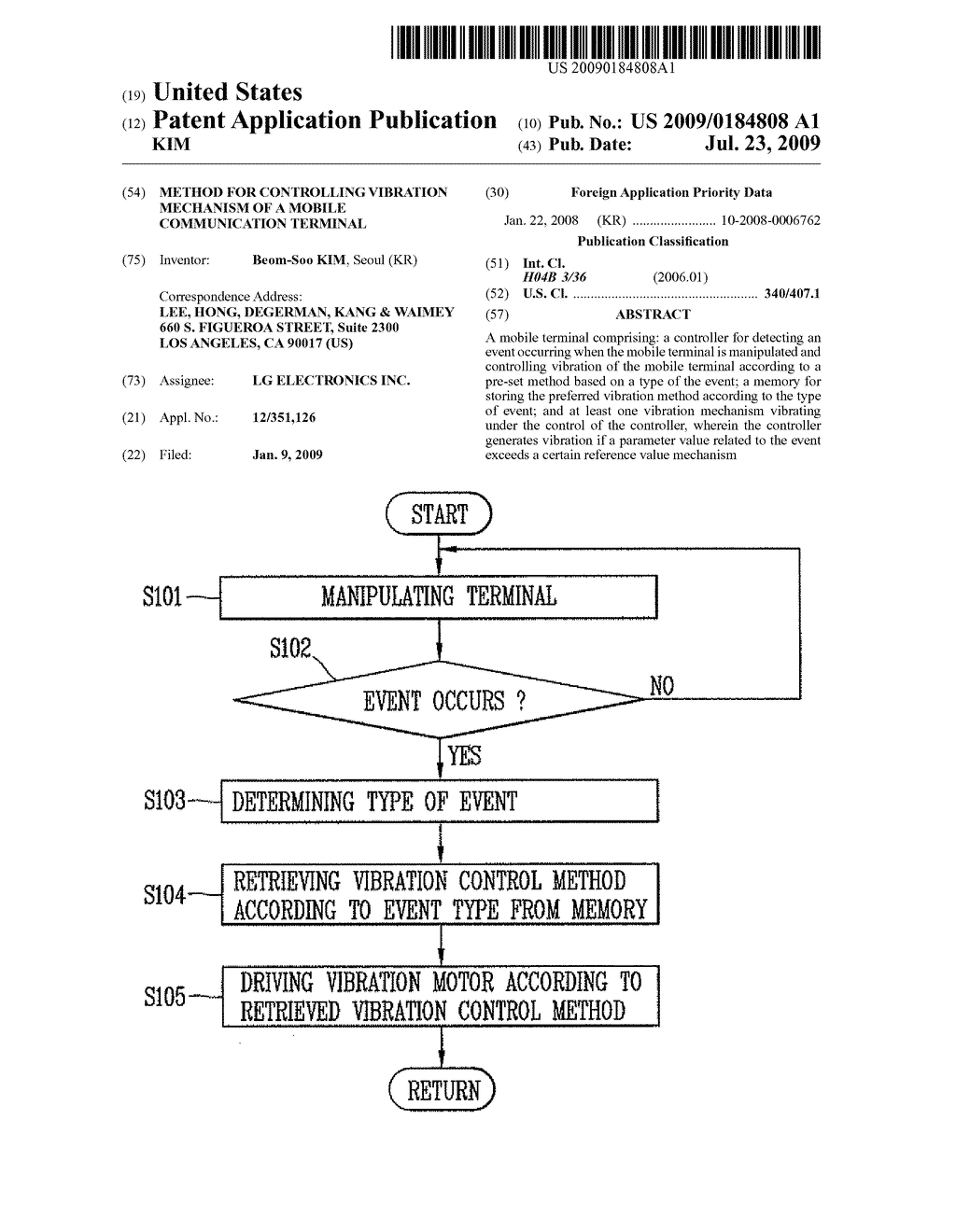 METHOD FOR CONTROLLING VIBRATION MECHANISM OF A MOBILE COMMUNICATION TERMINAL - diagram, schematic, and image 01