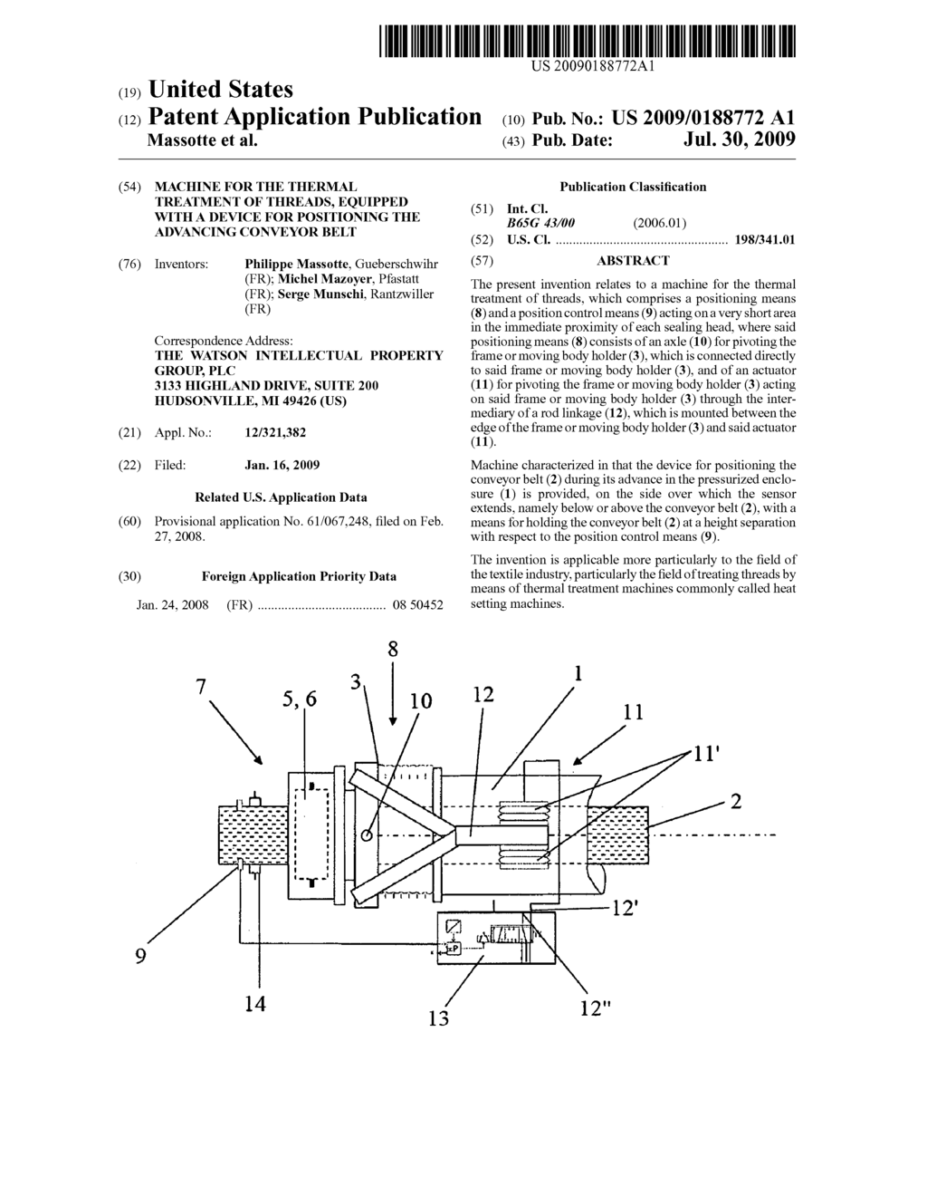 Machine for the thermal treatment of threads, equipped with a device for positioning the advancing conveyor belt - diagram, schematic, and image 01