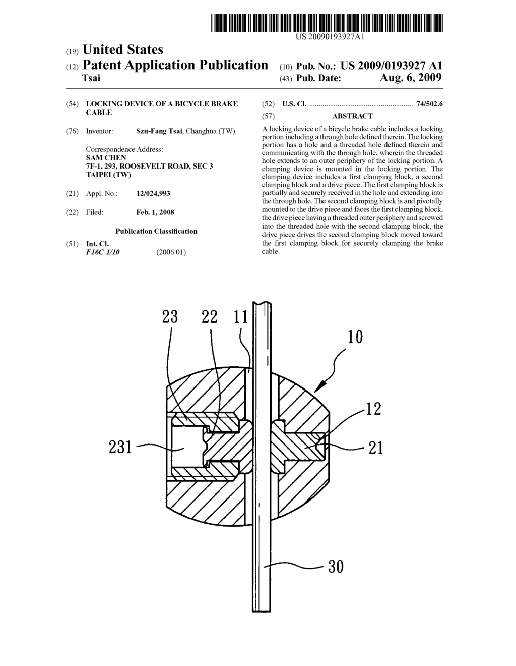 Locking device of a bicycle brake cable - diagram, schematic, and image 01