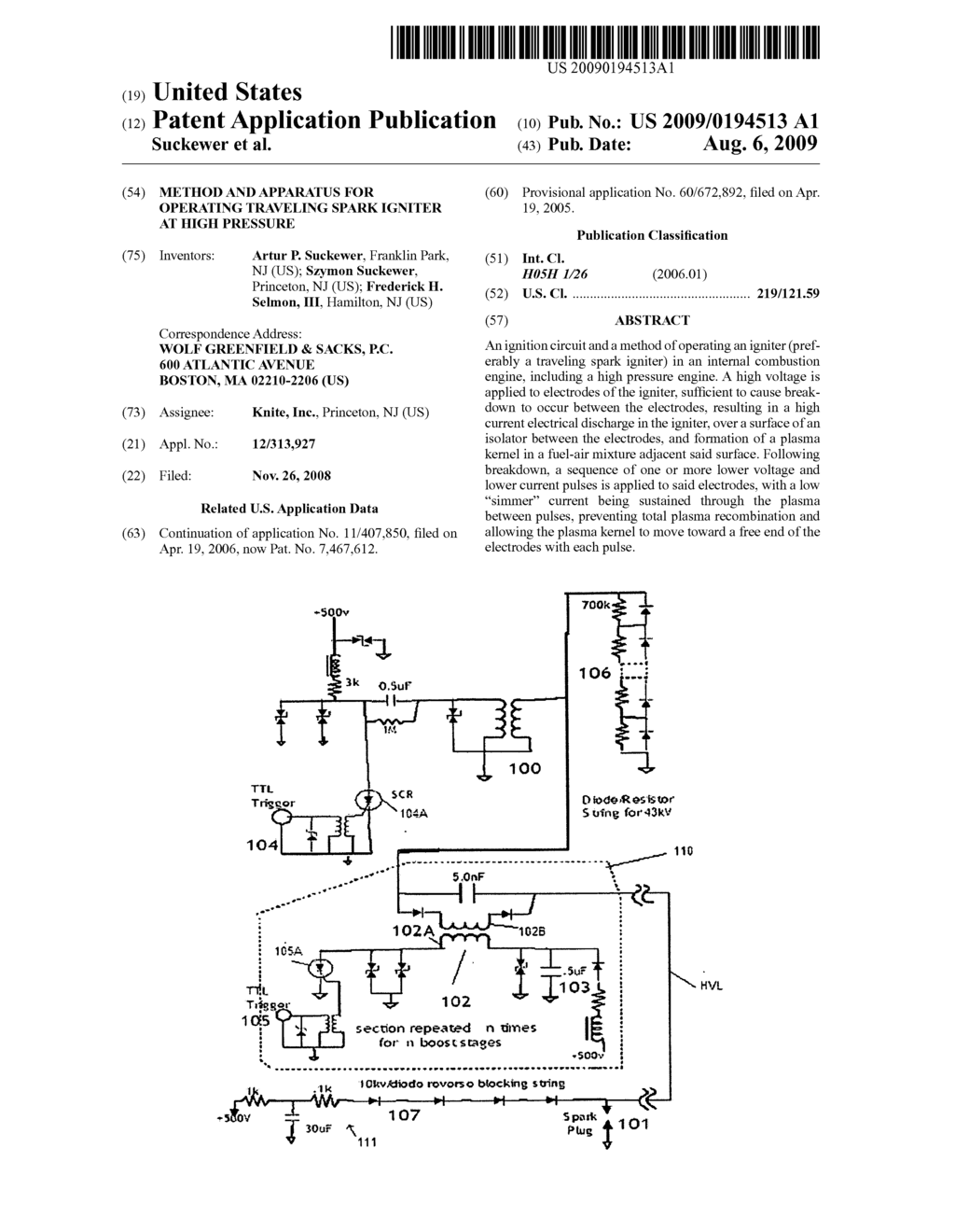 Method and apparatus for operating traveling spark igniter at high pressure - diagram, schematic, and image 01