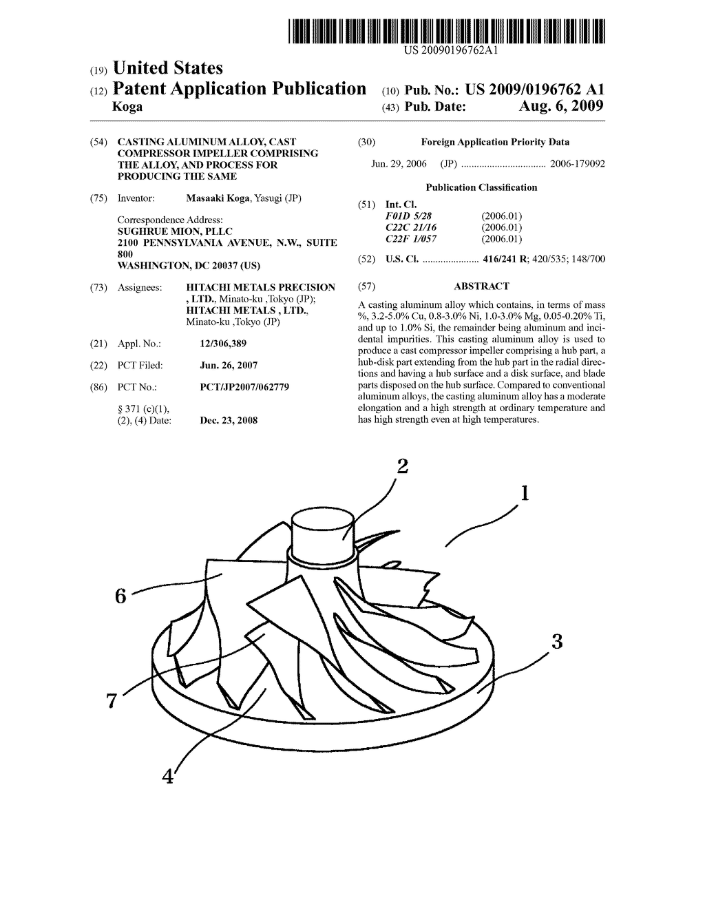 CASTING ALUMINUM ALLOY, CAST COMPRESSOR IMPELLER COMPRISING THE ALLOY, AND PROCESS FOR PRODUCING THE SAME - diagram, schematic, and image 01