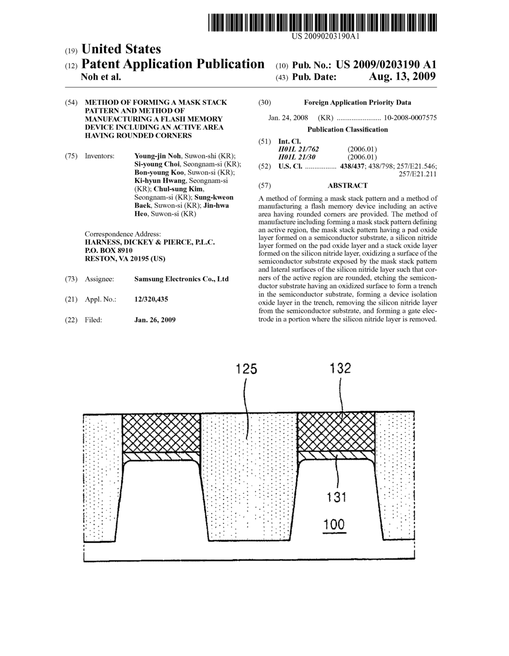 Method of forming a mask stack pattern and method of manufacturing a flash memory device including an active area having rounded corners - diagram, schematic, and image 01