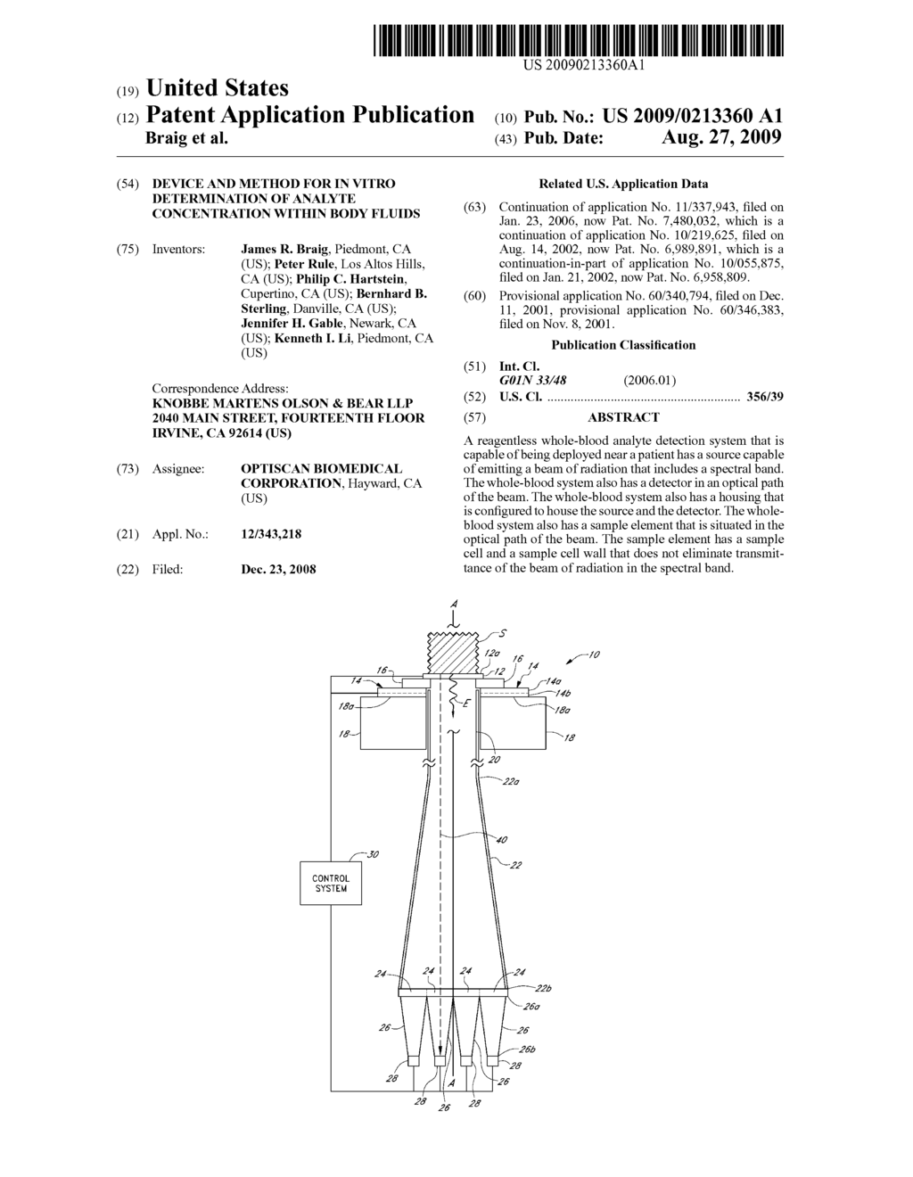 DEVICE AND METHOD FOR IN VITRO DETERMINATION OF ANALYTE CONCENTRATION WITHIN BODY FLUIDS - diagram, schematic, and image 01