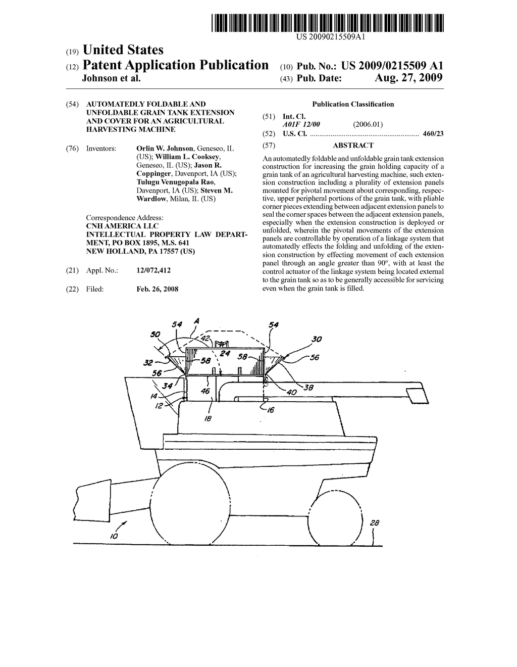 AUTOMATEDLY FOLDABLE AND UNFOLDABLE GRAIN TANK EXTENSION AND COVER FOR AN AGRICULTURAL HARVESTING MACHINE - diagram, schematic, and image 01