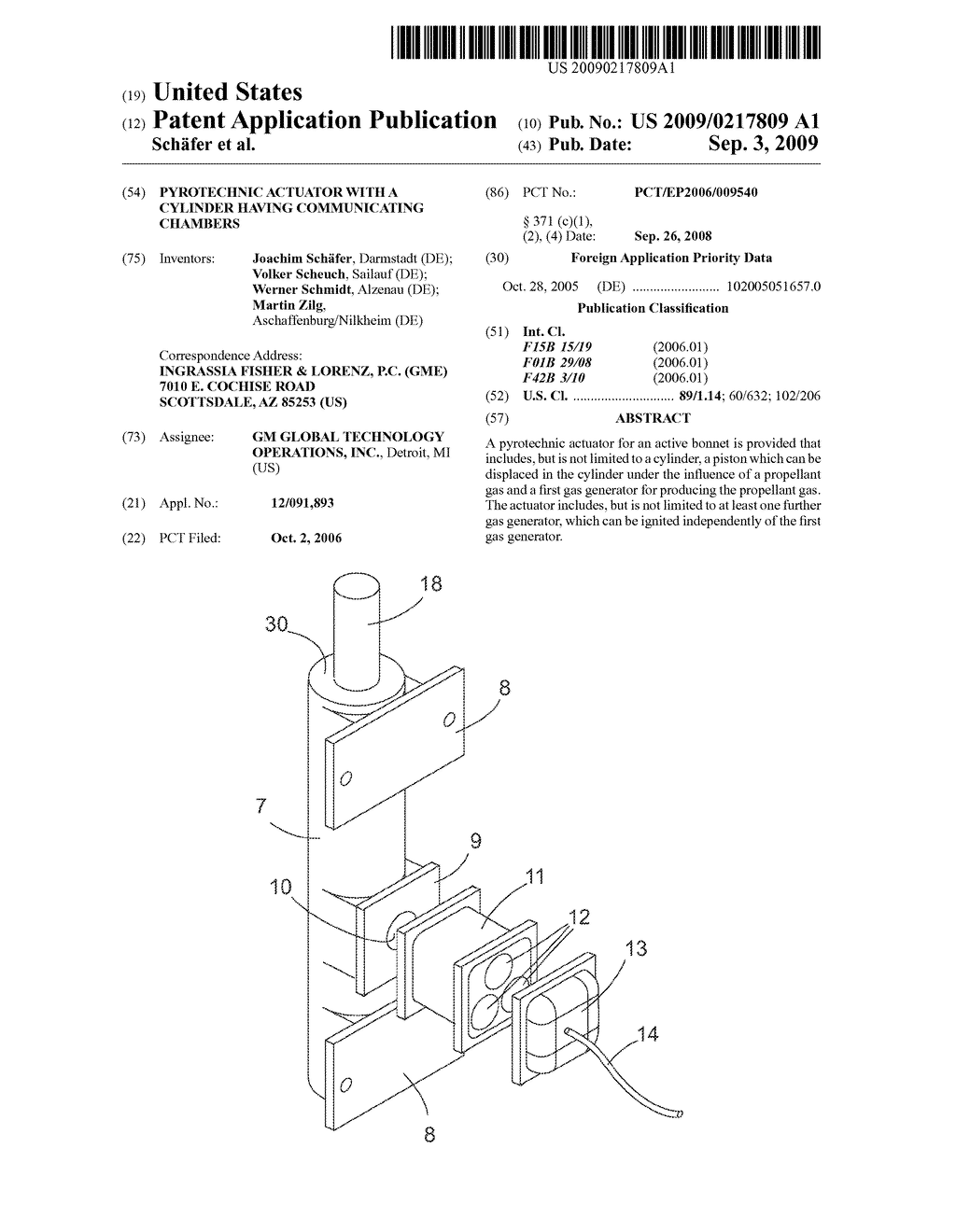 PYROTECHNIC ACTUATOR WITH A CYLINDER HAVING COMMUNICATING CHAMBERS - diagram, schematic, and image 01