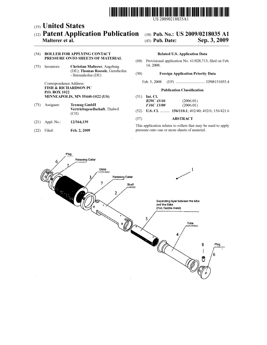 ROLLER FOR APPLYING CONTACT PRESSURE ONTO SHEETS OF MATERIAL - diagram, schematic, and image 01