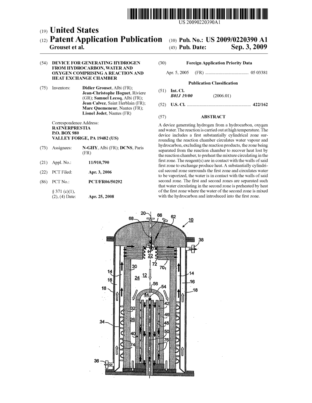 DEVICE FOR GENERATING HYDROGEN FROM HYDROCARBON, WATER AND OXYGEN COMPRISING A REACTION AND HEAT EXCHANGE CHAMBER - diagram, schematic, and image 01