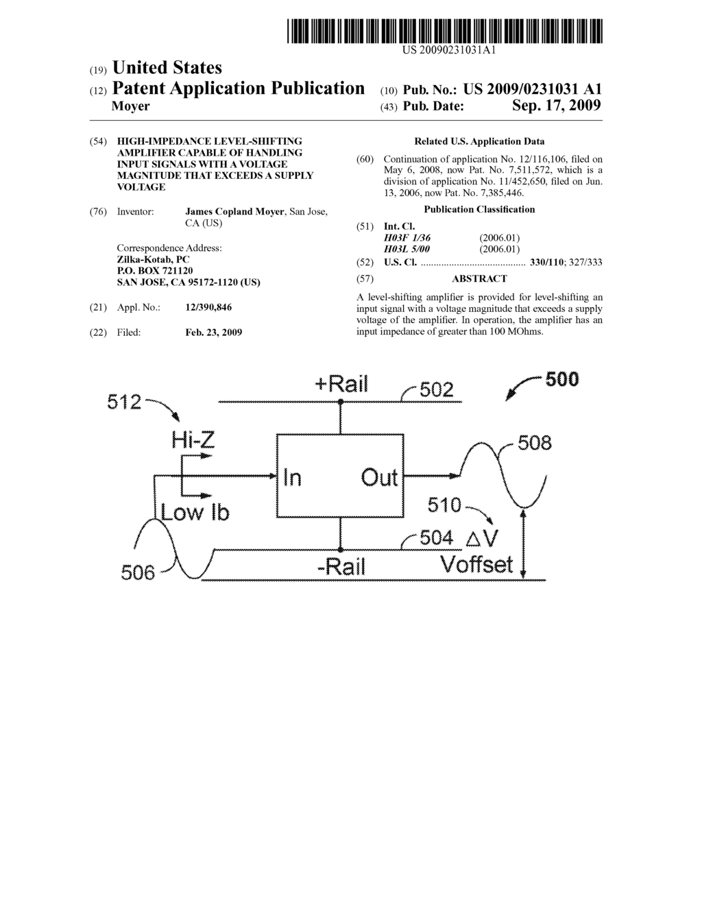 HIGH-IMPEDANCE LEVEL-SHIFTING AMPLIFIER CAPABLE OF HANDLING INPUT SIGNALS WITH A VOLTAGE MAGNITUDE THAT EXCEEDS A SUPPLY VOLTAGE - diagram, schematic, and image 01