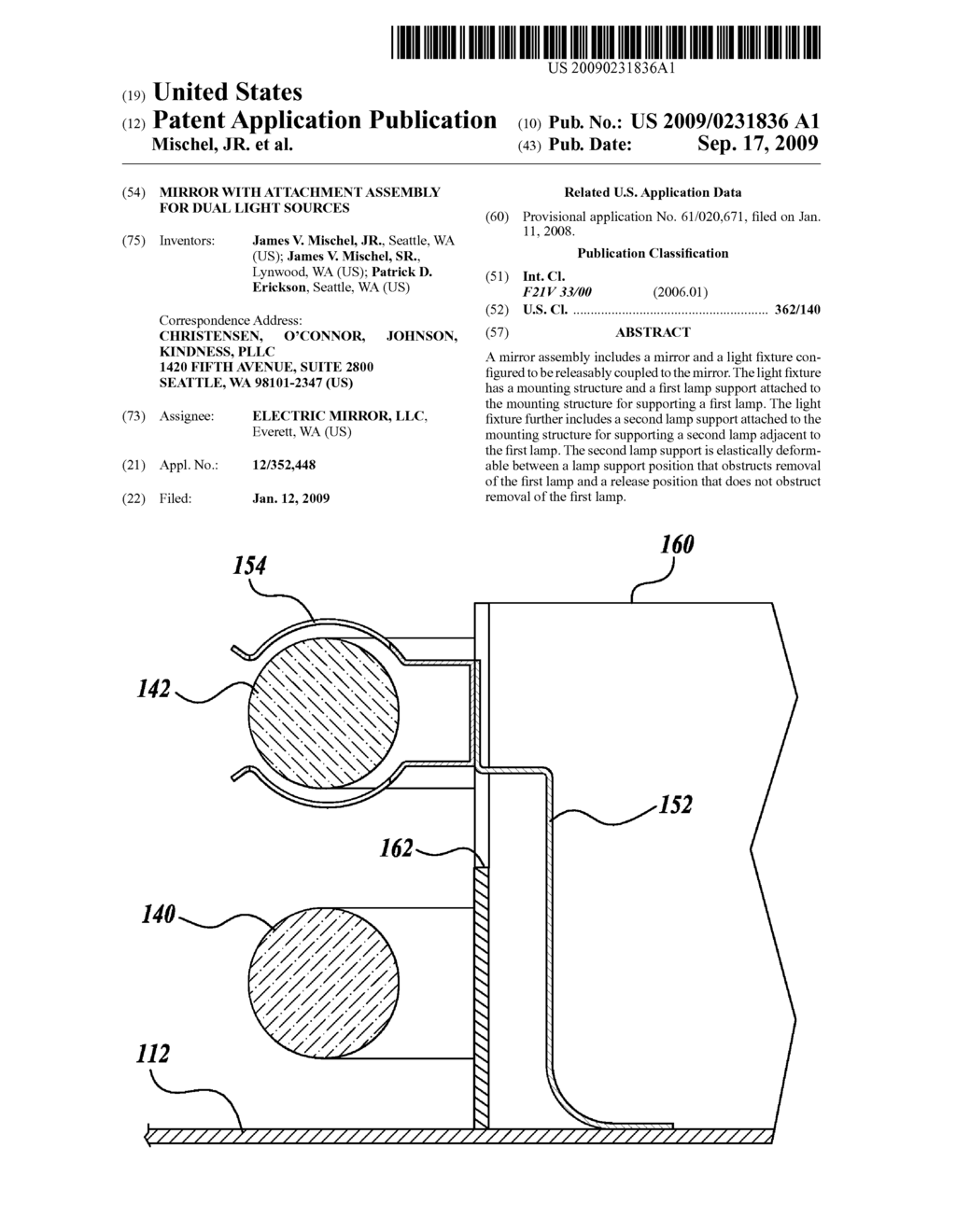 MIRROR WITH ATTACHMENT ASSEMBLY FOR DUAL LIGHT SOURCES - diagram, schematic, and image 01