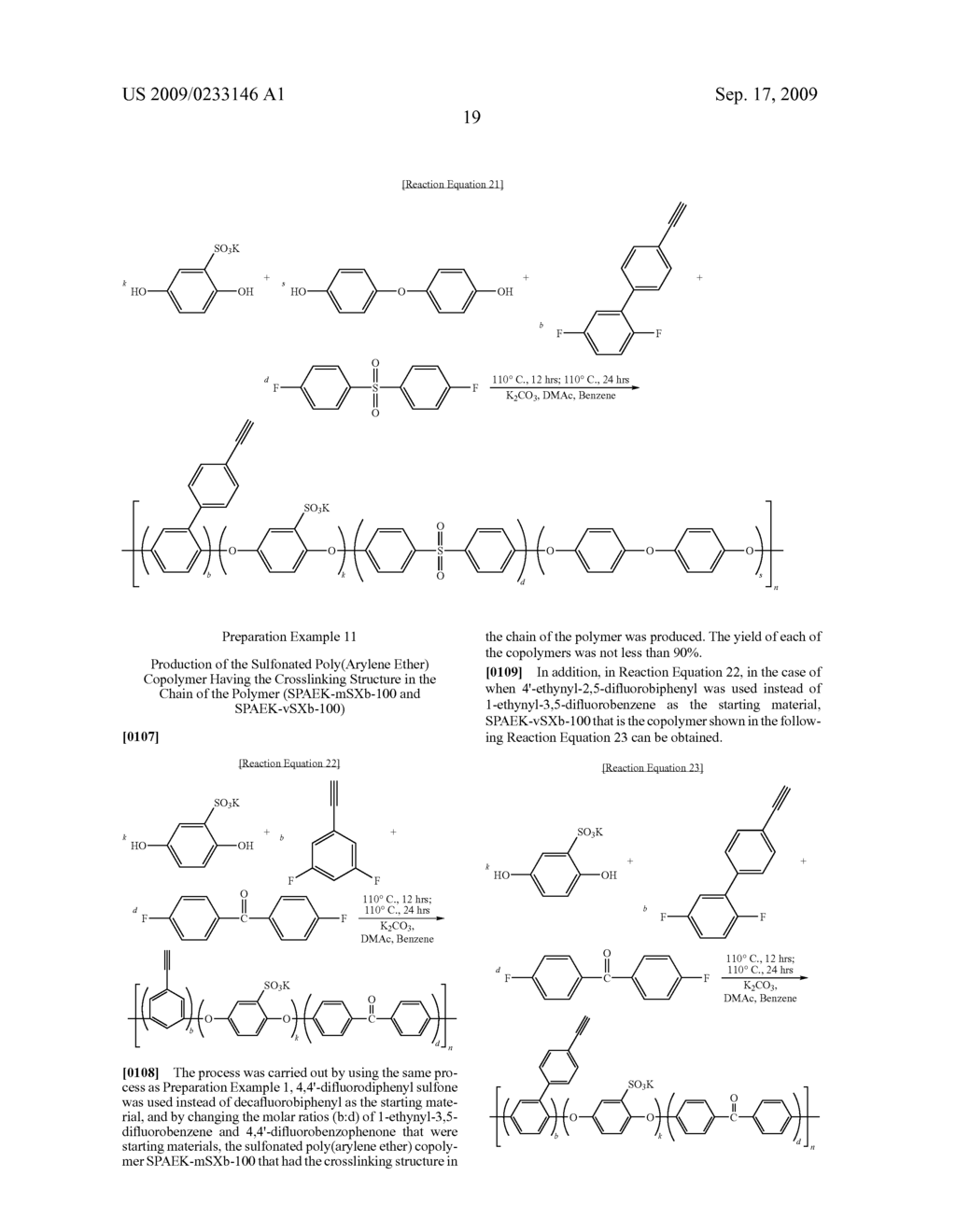 SULFONATED POLY(ARYLENE ETHER) HAVING CROSSLINKABLE MOIETY COMBINED IN CHAIN OF POLYMER, SULFONATED POLY(ARYLENE ETHER) HAVING CROSSLINKABLE MOIETIES COMBINED IN POLYMER AND AT POLYMER END GROUP, AND POLYMER ELECTROLYTE MEMBRANE USING SULFONATED POLY(ARYLENE ETHER) - diagram, schematic, and image 35