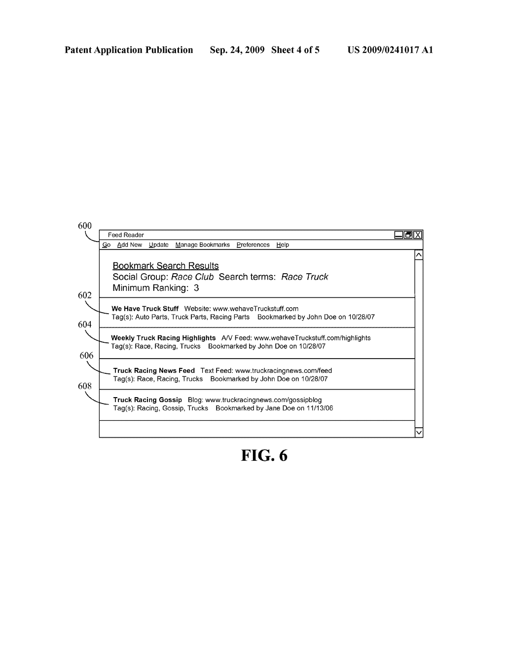 SHARING SYNDICATED FEED BOOKMARKS AMONG MEMBERS OF A SOCIAL NETWORK - diagram, schematic, and image 05