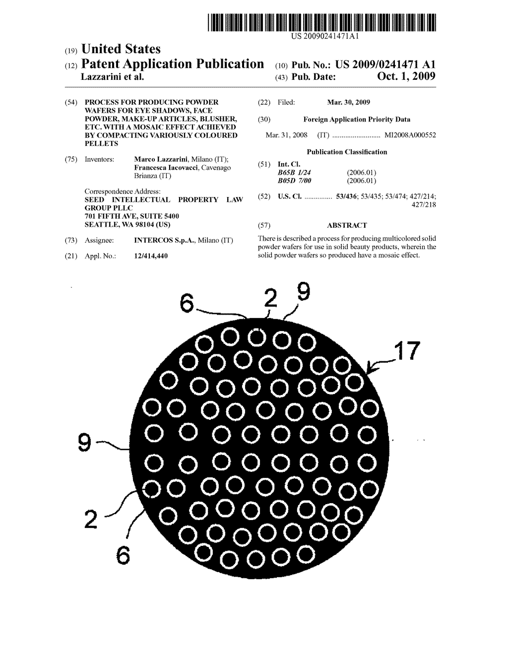 PROCESS FOR PRODUCING POWDER WAFERS FOR EYE SHADOWS, FACE POWDER, MAKE-UP ARTICLES, BLUSHER, ETC. WITH A MOSAIC EFFECT ACHIEVED BY COMPACTING VARIOUSLY COLOURED PELLETS - diagram, schematic, and image 01